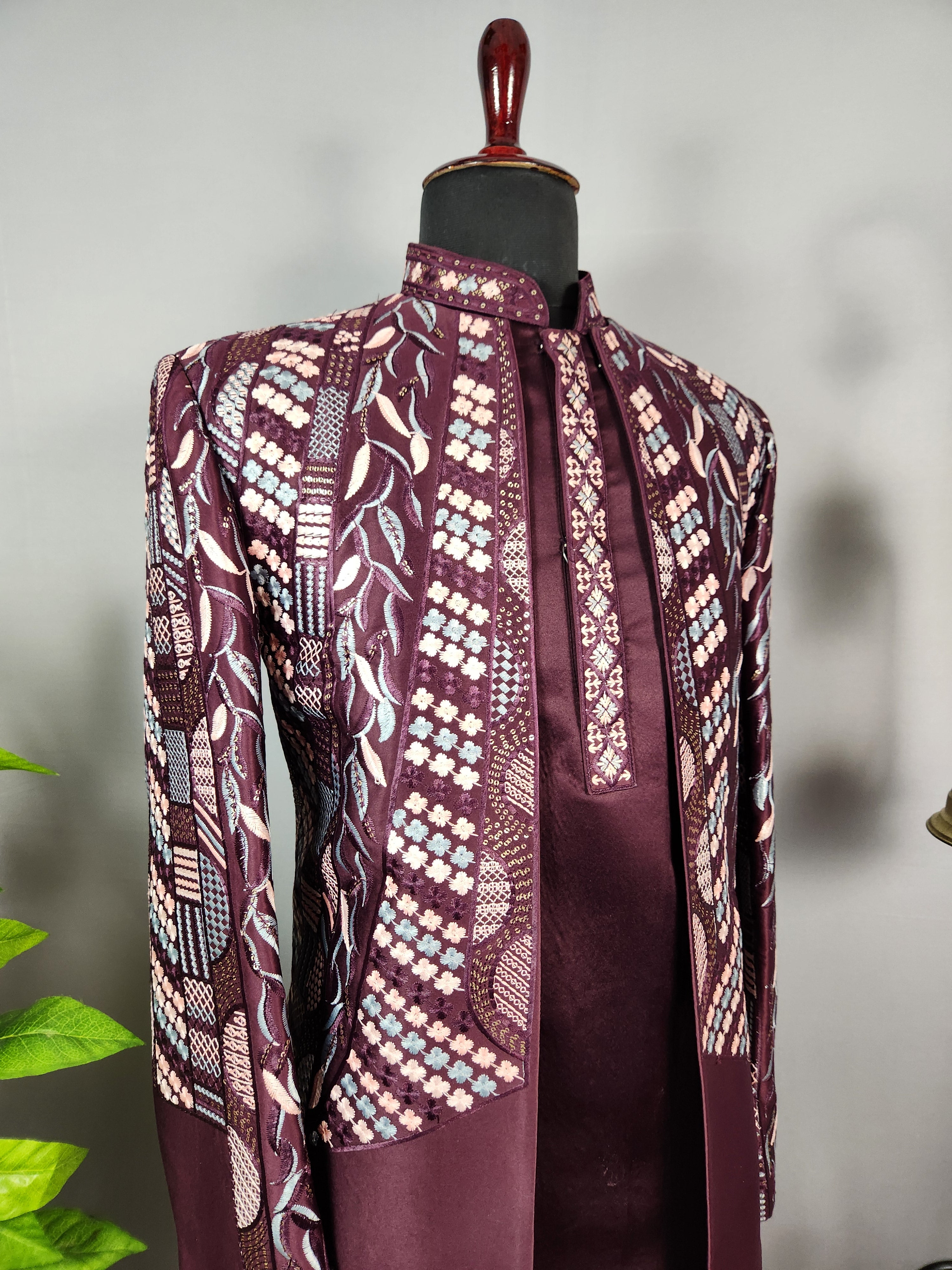 Wine Indo-Western Sherwani for Groom  -   Indian Wedding Outfit for Men