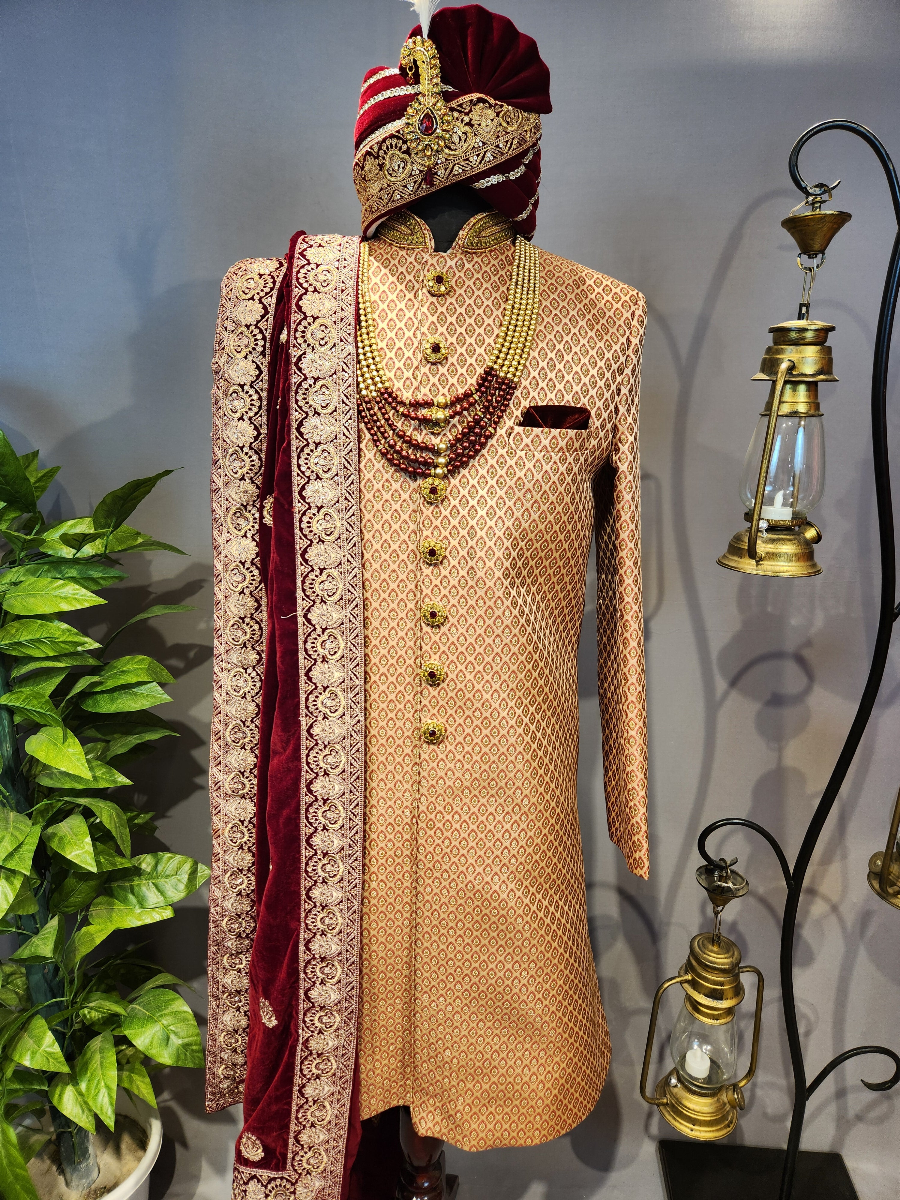 Copper Golden Wedding Groom Sherwani - Red Accent | Sherwani For Men