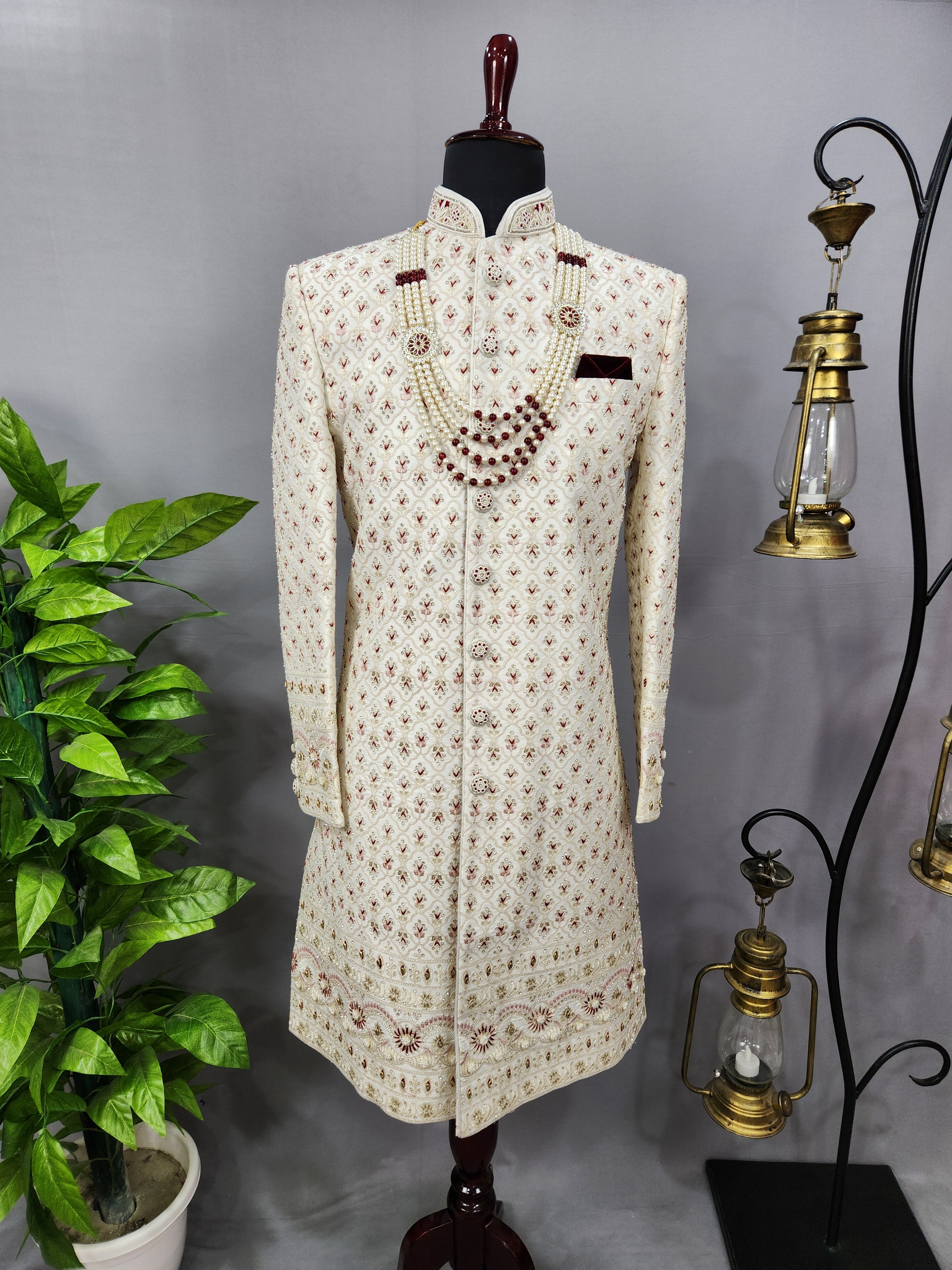 White Wedding Groom Sherwani - Diamonds, Floral Beads Work | Sherwani For Men