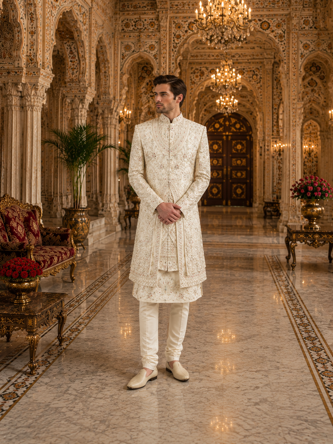White Wedding Groom Sherwani - Peacock Design | Sherwani For Men