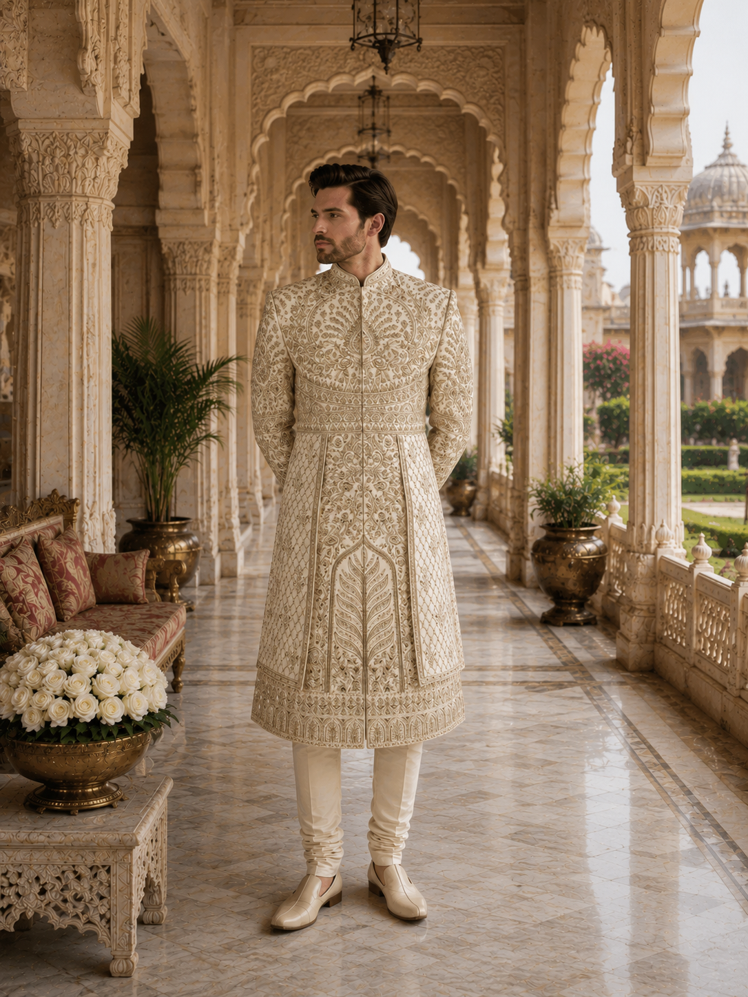 Light Golden Groom Sherwani - Maharaja Design | Sherwani For Men