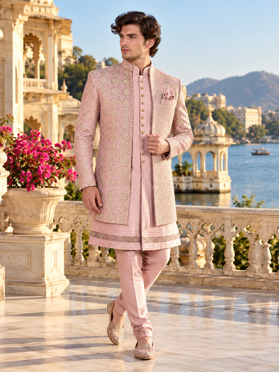 Pink Indo-Western Sherwani for Men | Indian Groom Wedding Outfit