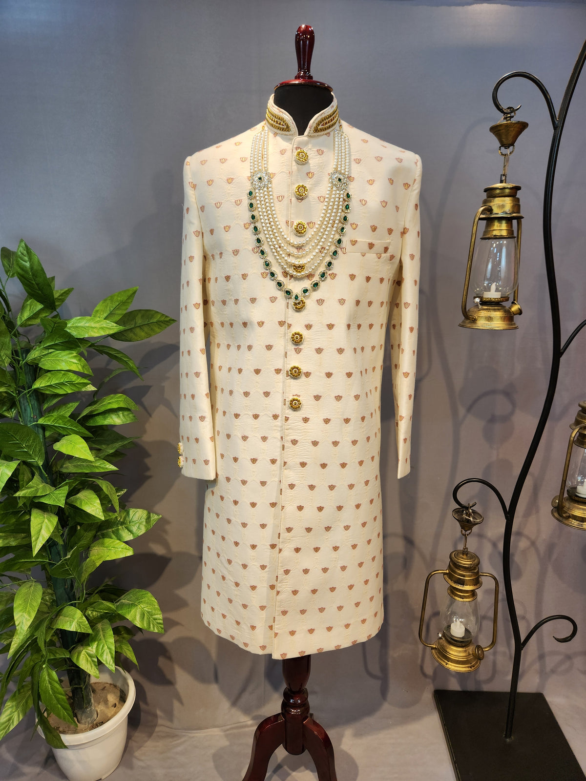 White Wedding Groom Sherwani - Benarasi Fabric | Sherwani For Men