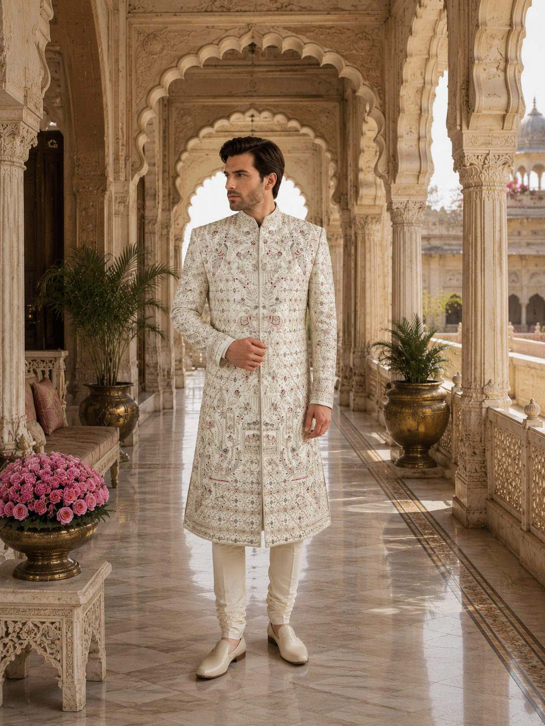 White Wedding Groom Sherwani - Peacock Design | Sherwani For Men