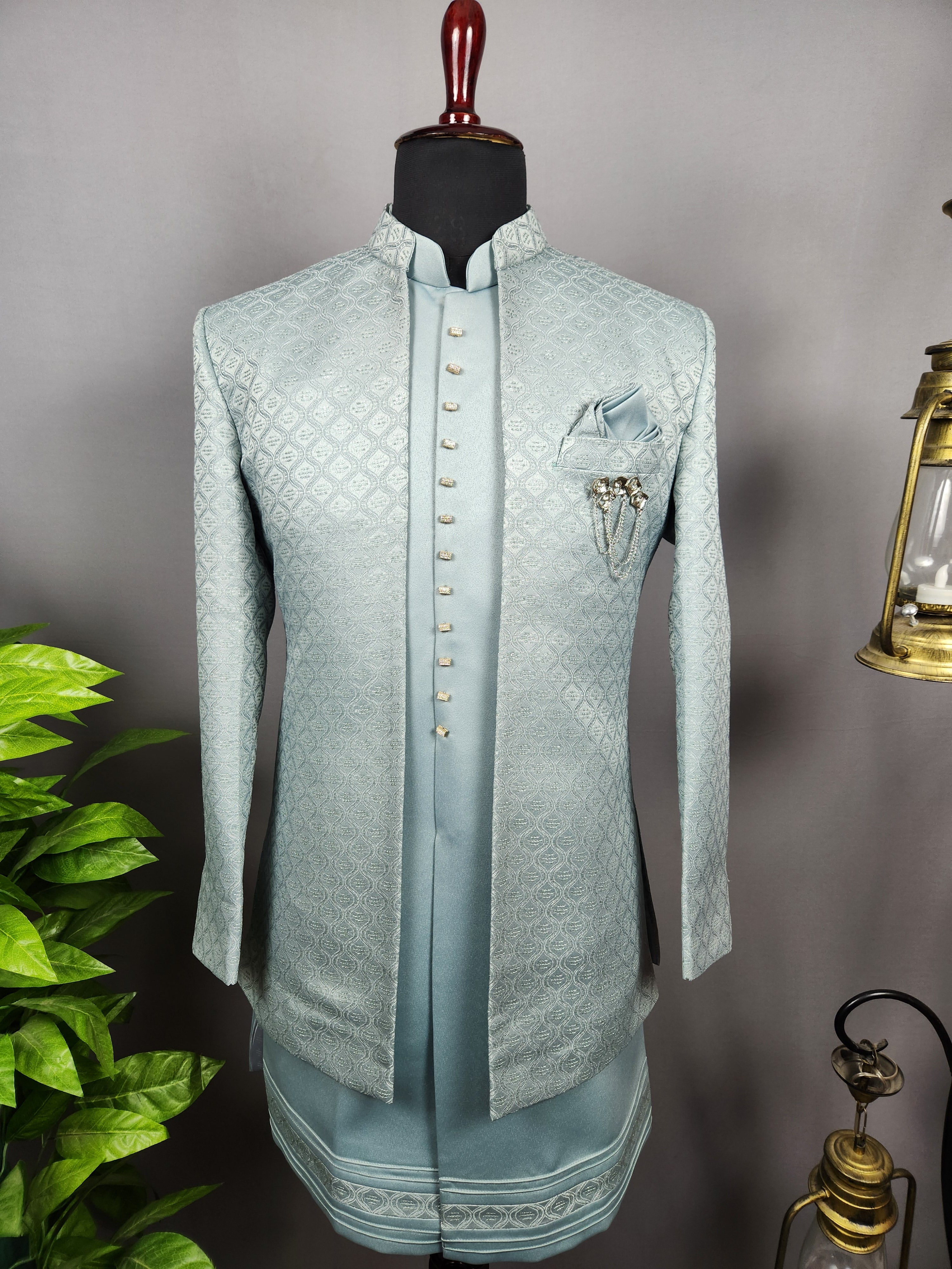 Sea Green Indo-Western Sherwani for Men | Indian Groom Wedding Outfit