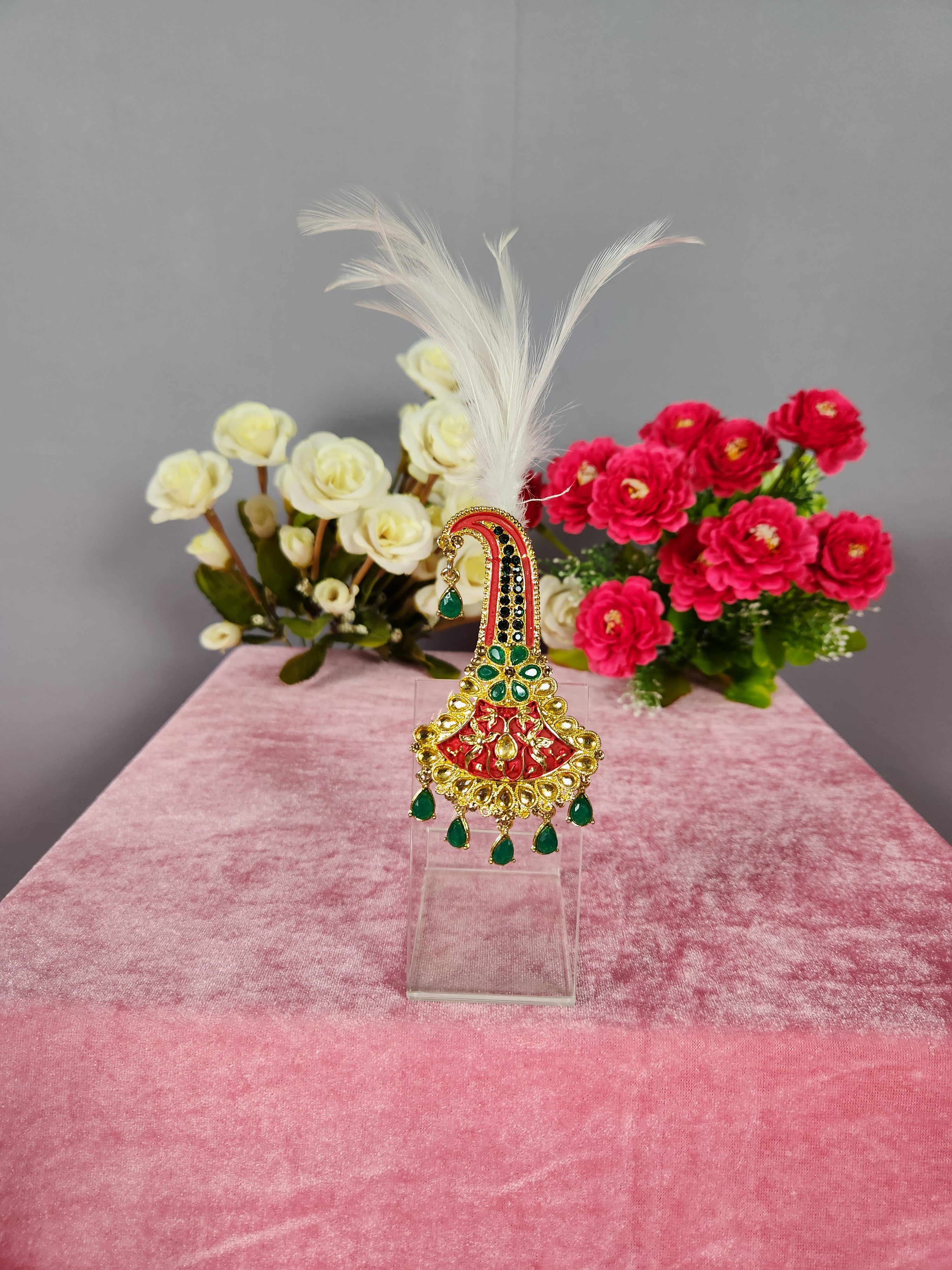 TURBAN BROOCH FOR SAFA WITH GREEN STONES AND MINAKARI