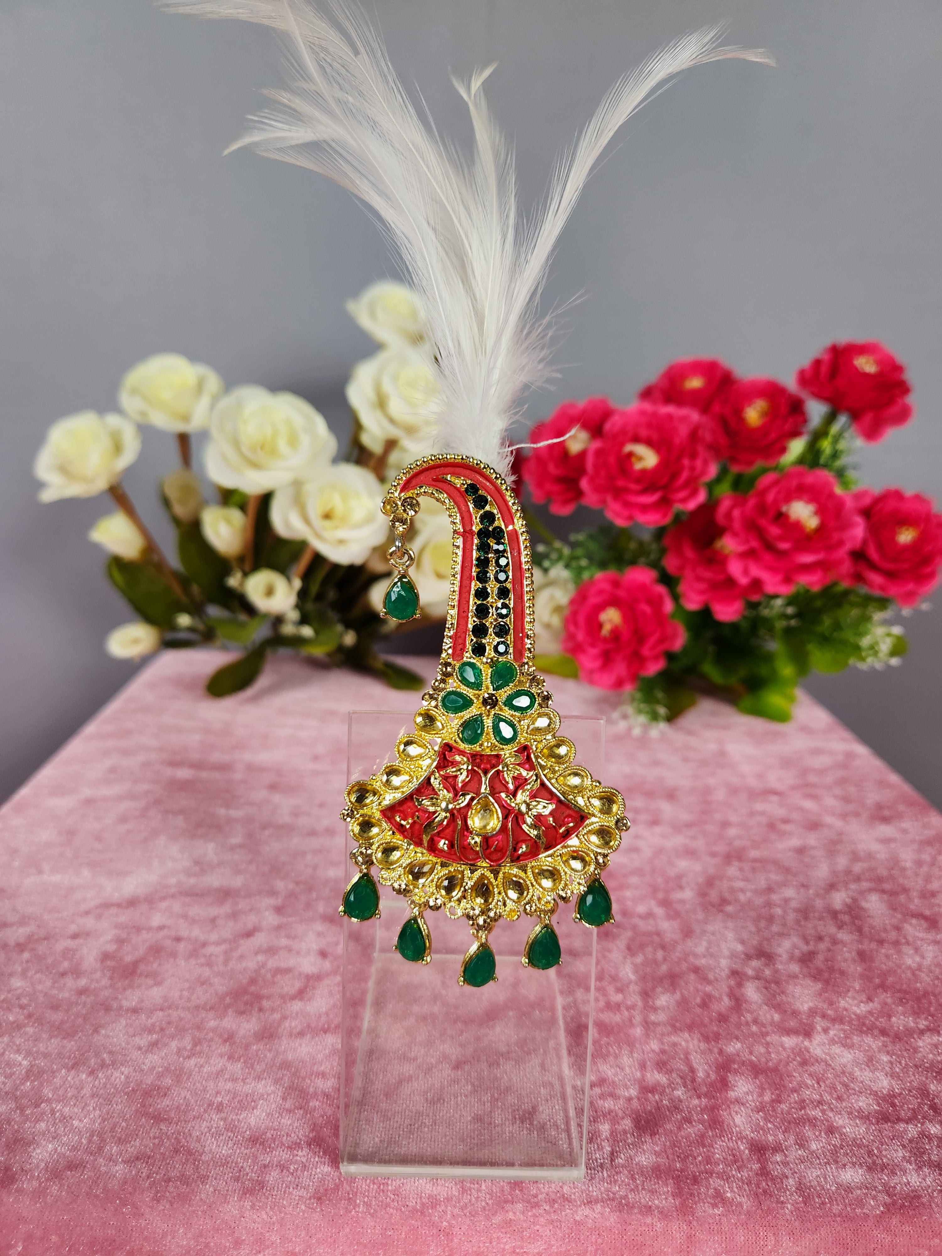 TURBAN BROOCH FOR SAFA WITH GREEN STONES AND MINAKARI