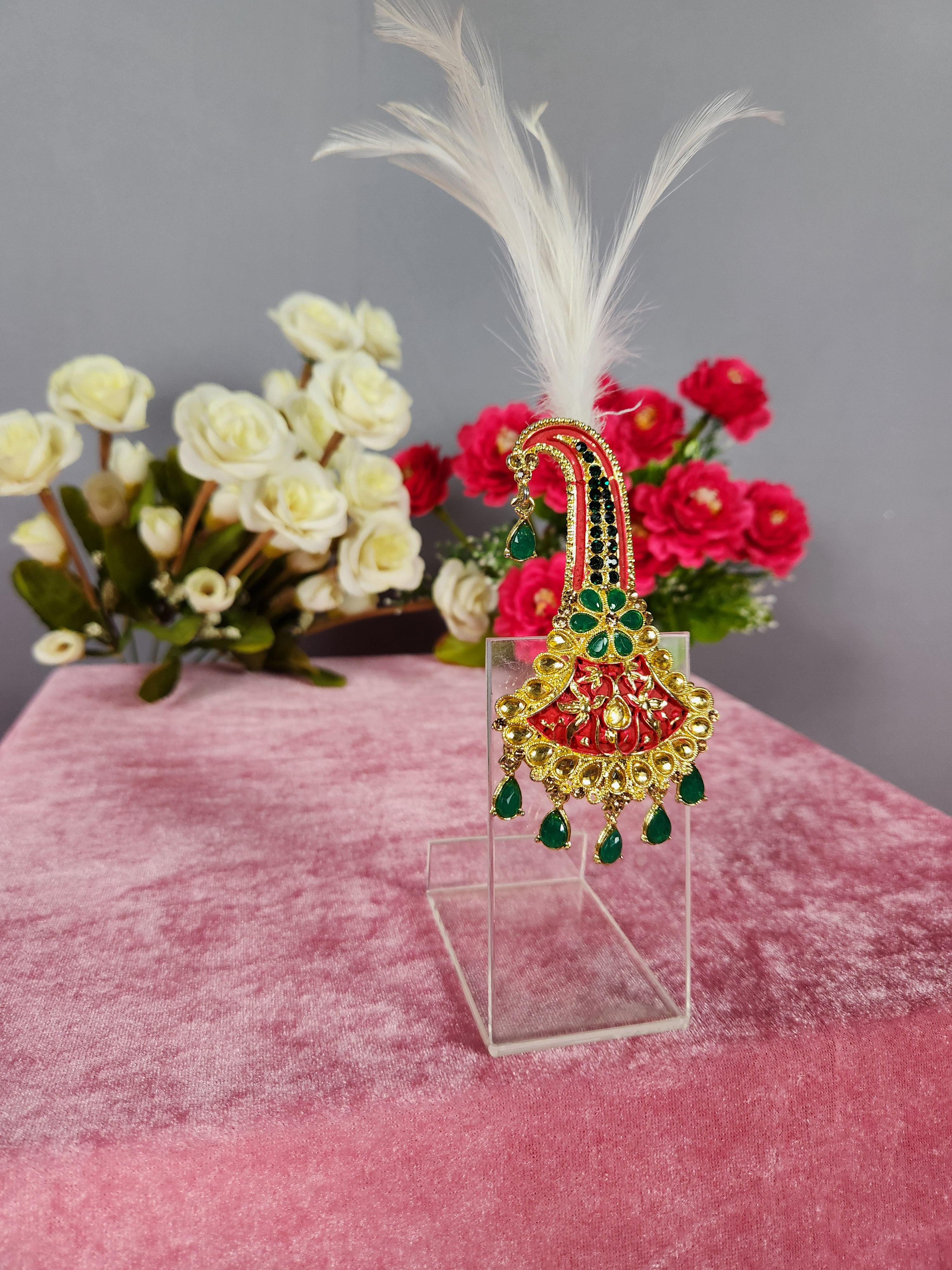TURBAN BROOCH FOR SAFA WITH GREEN STONES AND MINAKARI