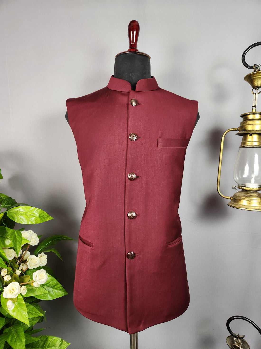 Red nehru jacket for men - Indian ethnic waistcoat ideal for weddings, festive events, and traditional functions
