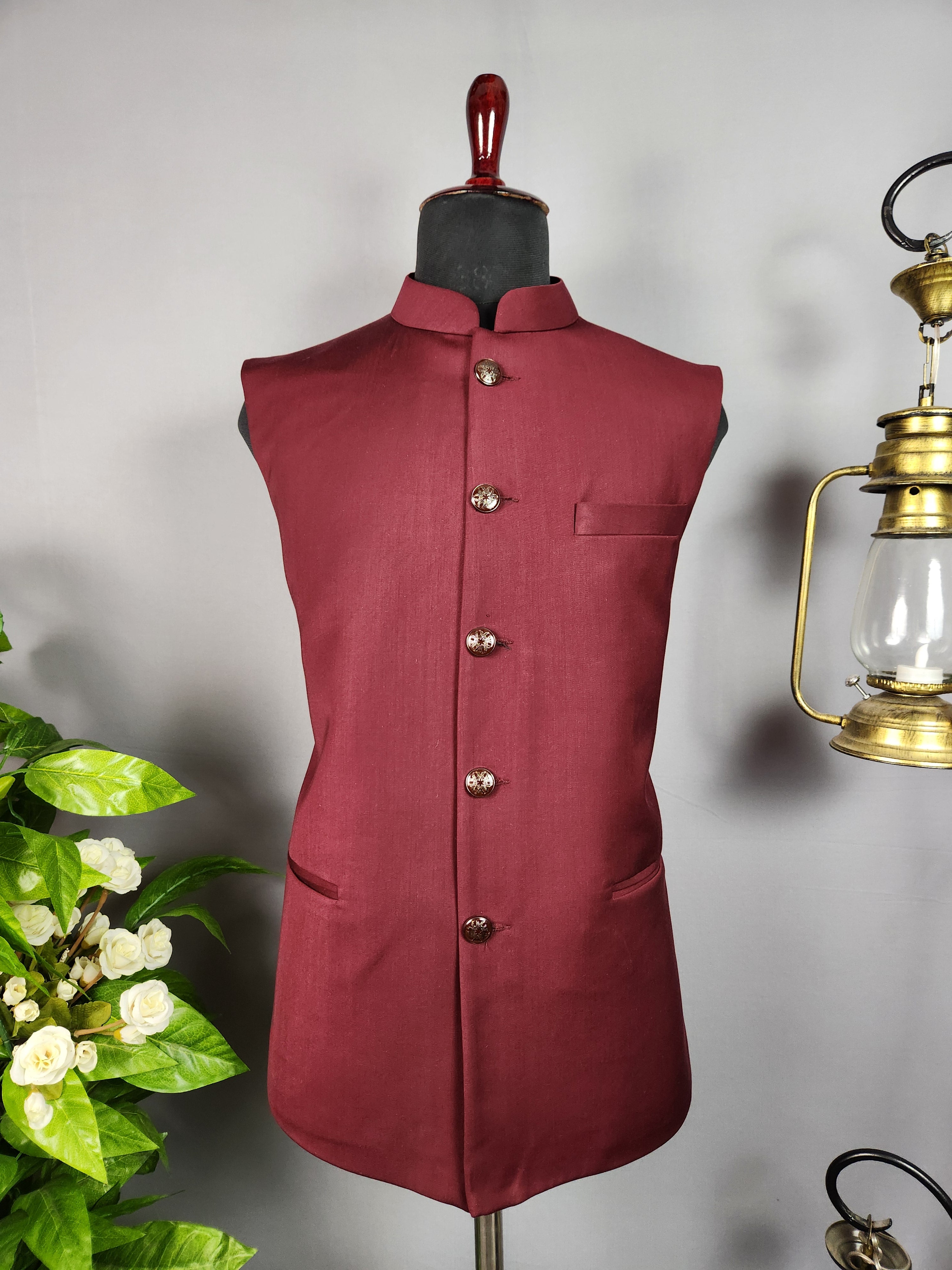 Red nehru jacket for men - Indian ethnic waistcoat ideal for weddings, festive events, and traditional functions
