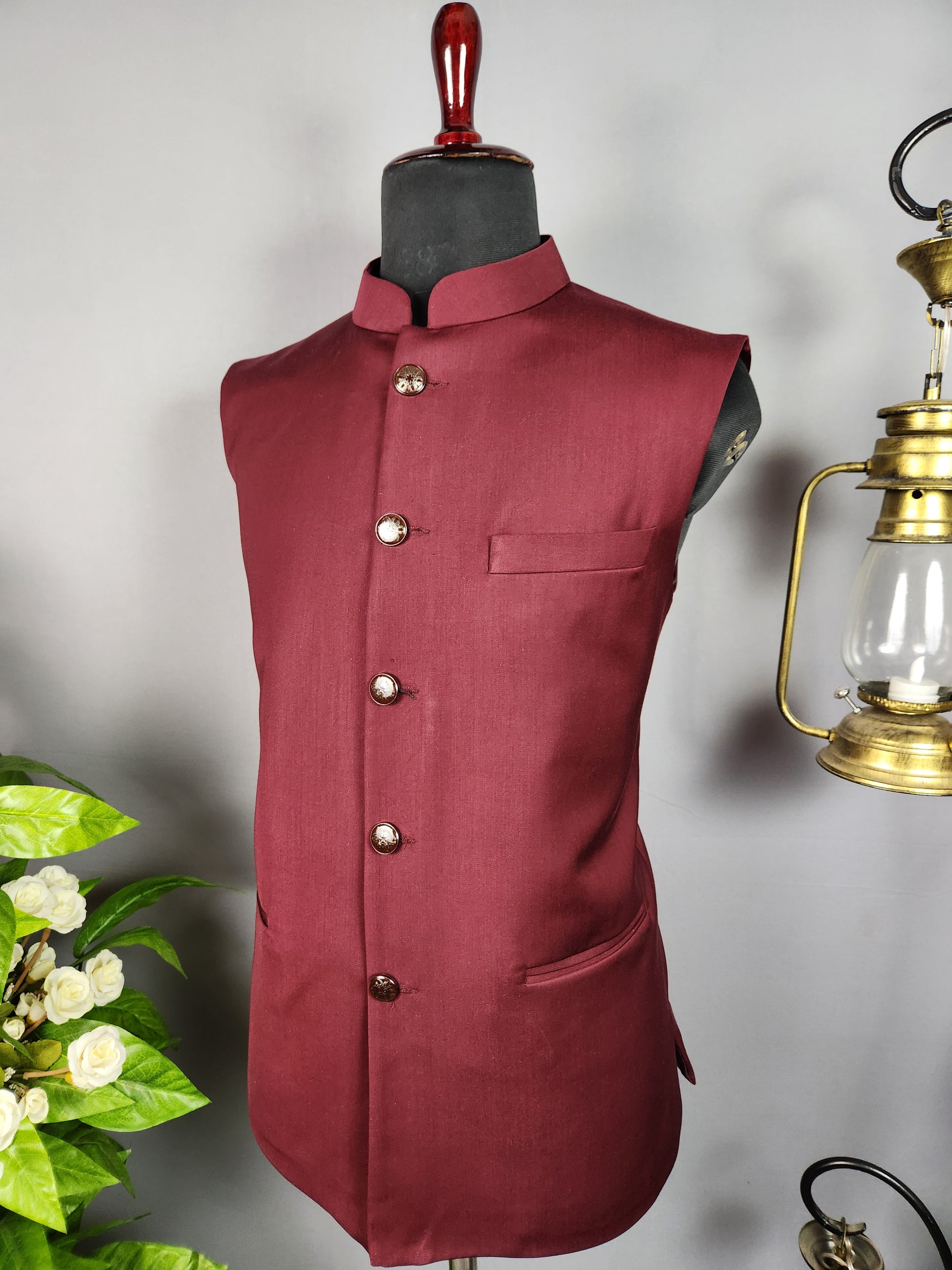 Red nehru jacket for men - Indian ethnic waistcoat ideal for weddings, festive events, and traditional functions

