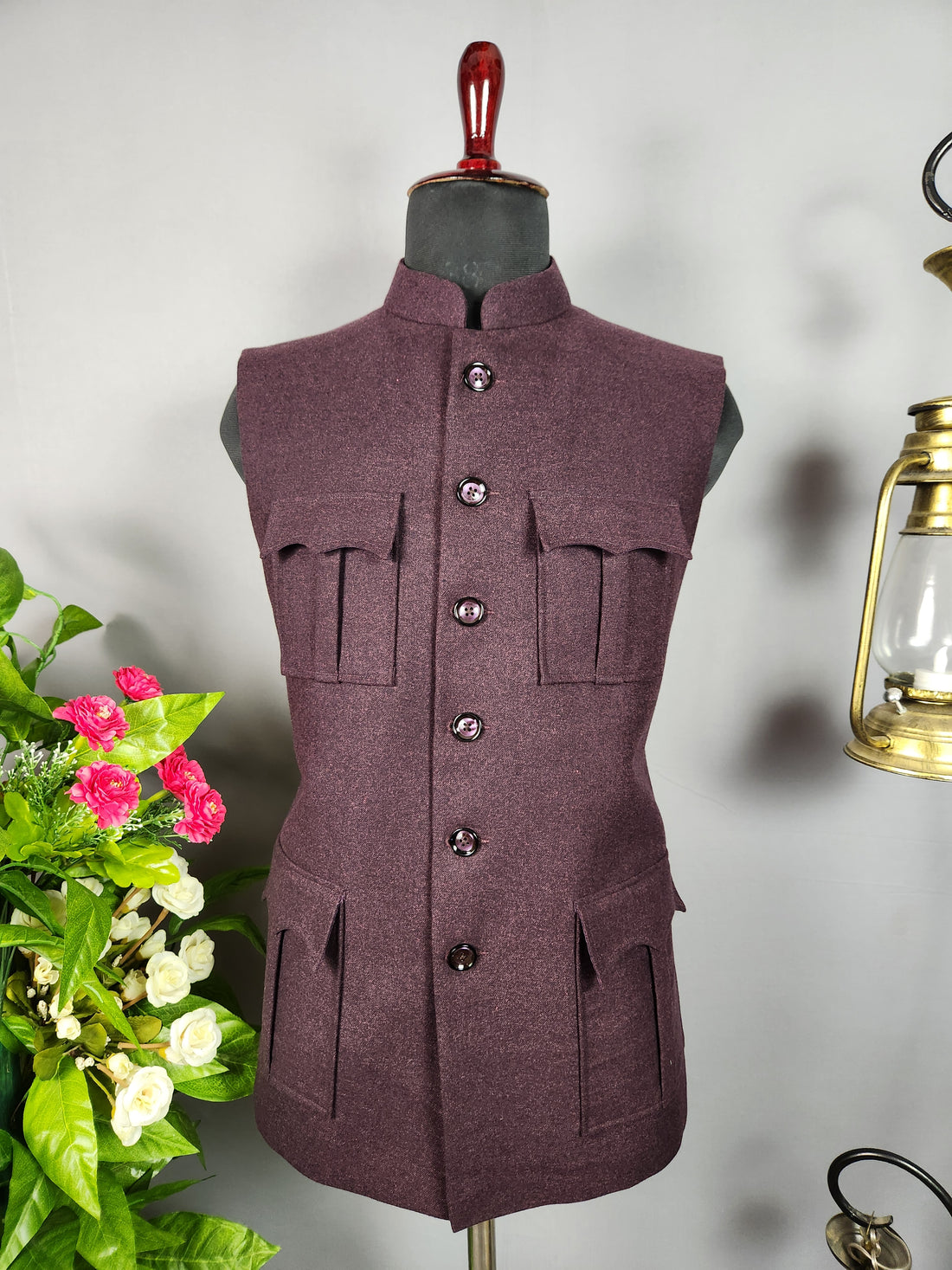 Tweed wine nehru jacket for men - Indian ethnic waistcoat ideal for weddings, festive events, and traditional functions
