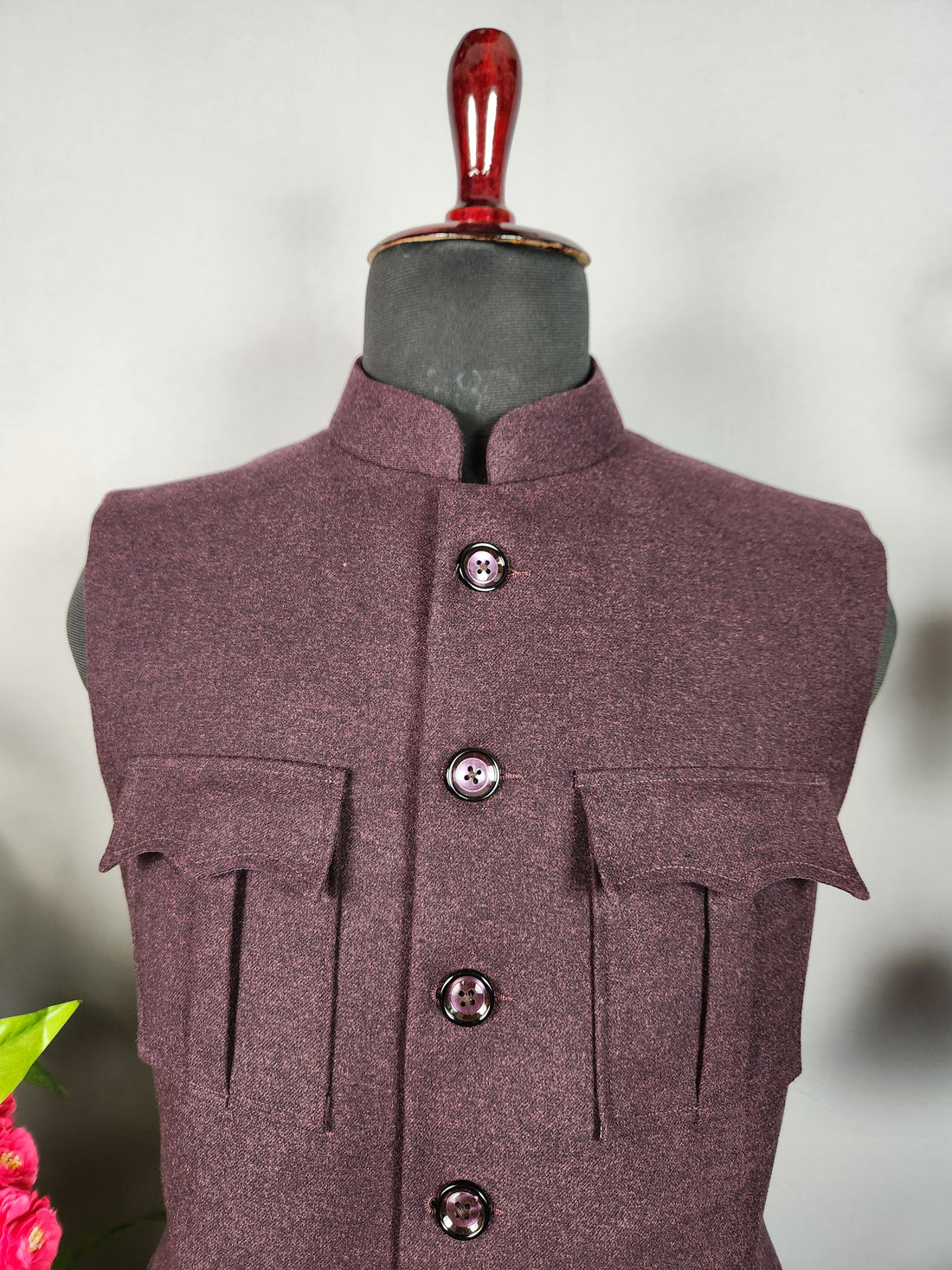 Tweed wine nehru jacket for men - Indian ethnic waistcoat ideal for weddings, festive events, and traditional functions
