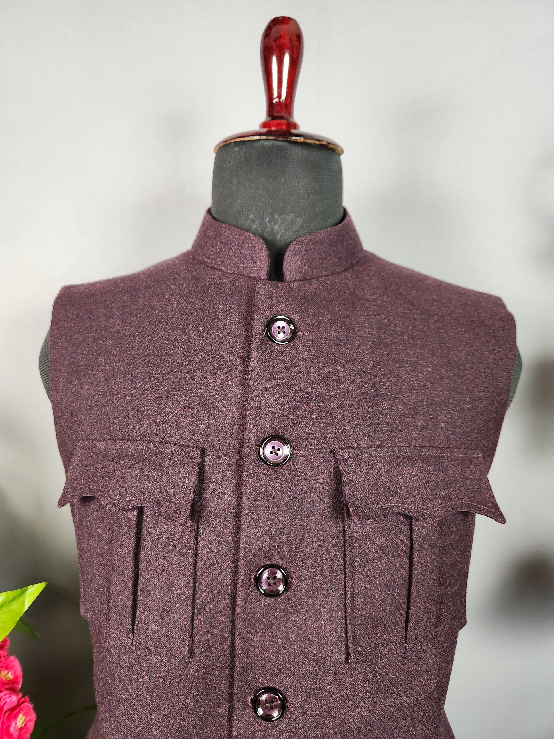 Tweed wine nehru jacket for men - Indian ethnic waistcoat ideal for weddings, festive events, and traditional functions
