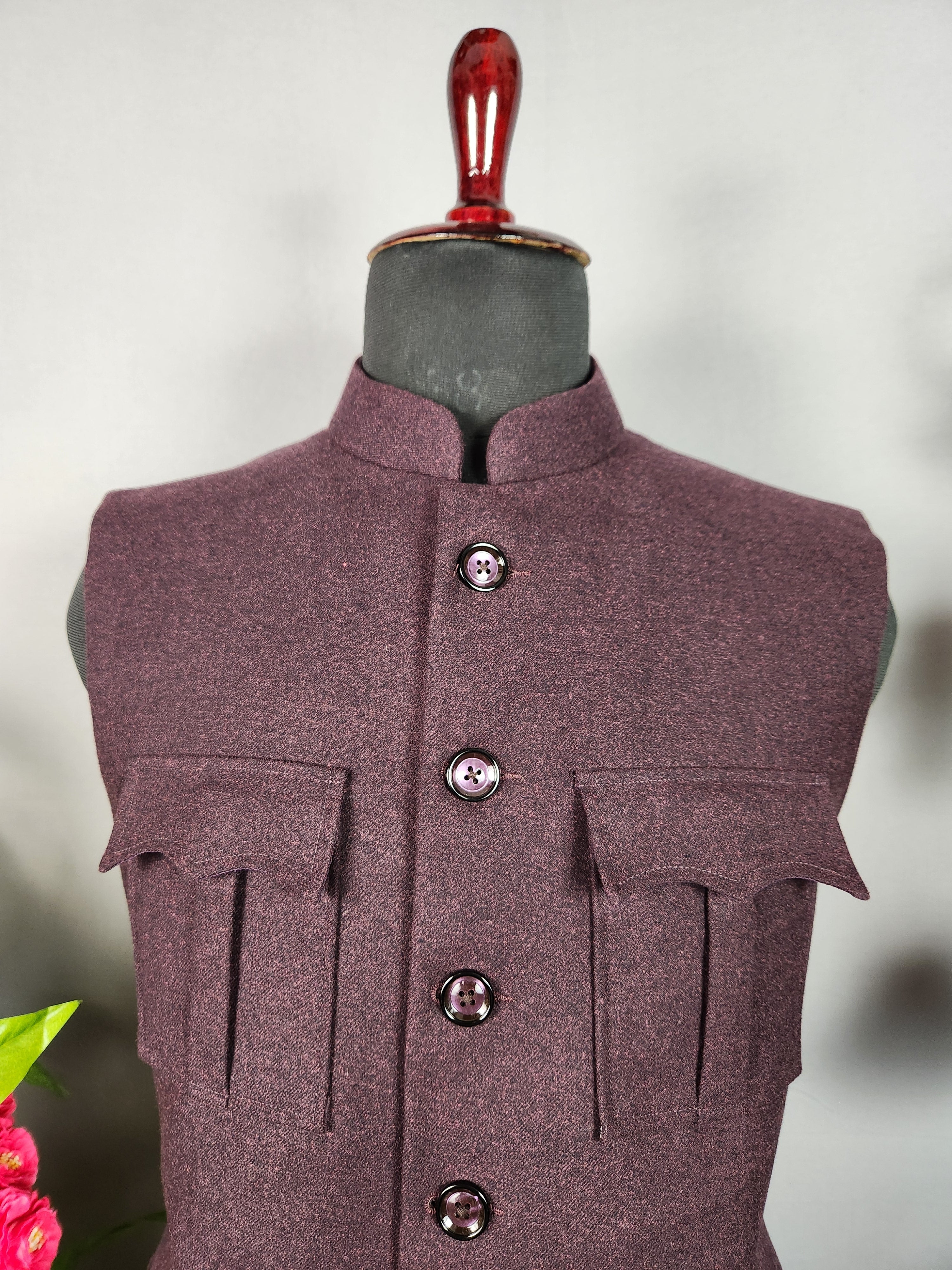 Tweed wine nehru jacket for men - Indian ethnic waistcoat ideal for weddings, festive events, and traditional functions

