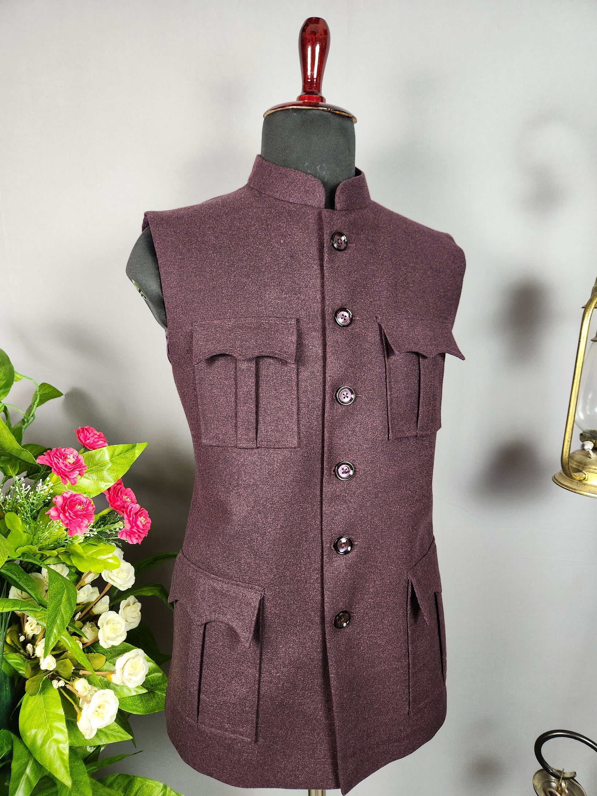 Tweed wine nehru jacket for men - Indian ethnic waistcoat ideal for weddings, festive events, and traditional functions
