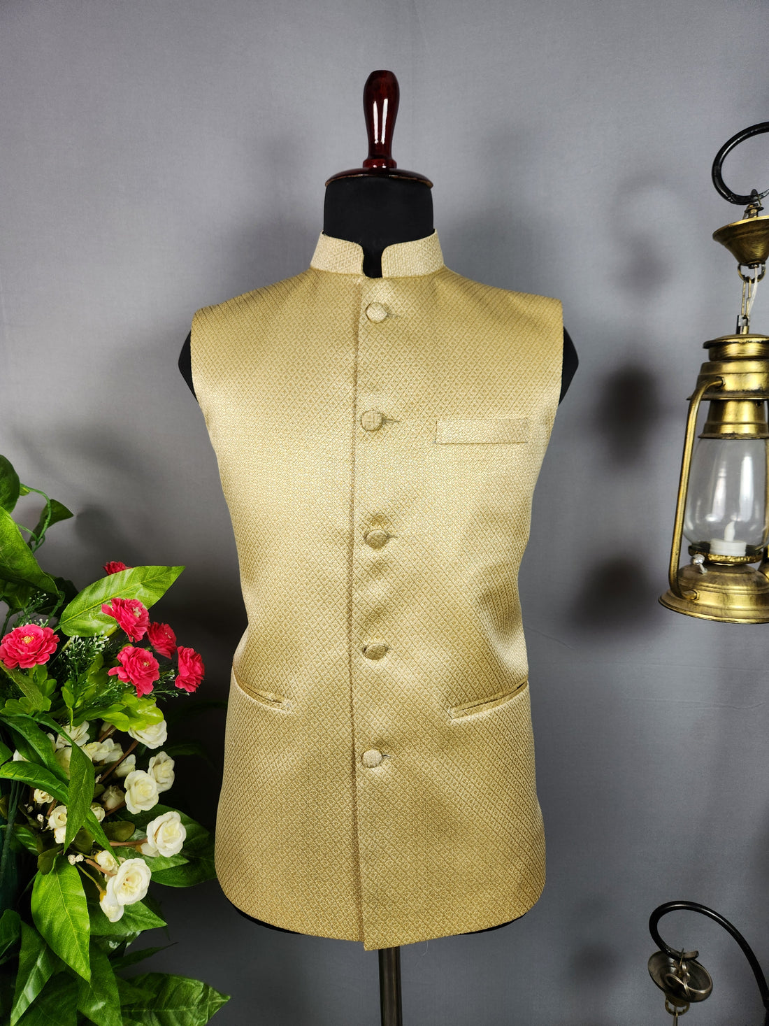 Golden nehru jacket for men - Indian ethnic waistcoat ideal for weddings, festive events, and traditional functions
