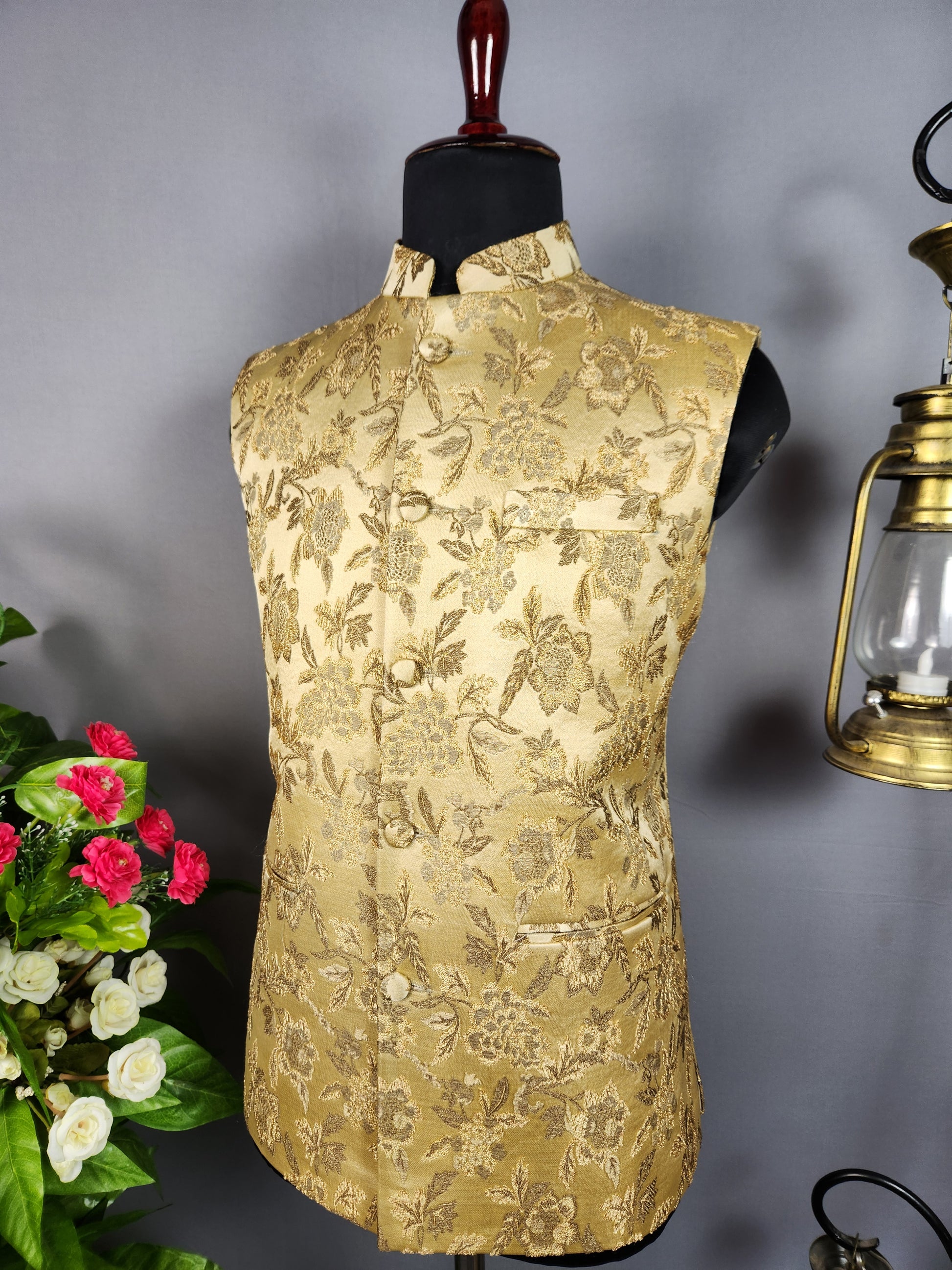 Golden nehru jacket for men - Indian ethnic waistcoat ideal for weddings, festive events, and traditional functions
