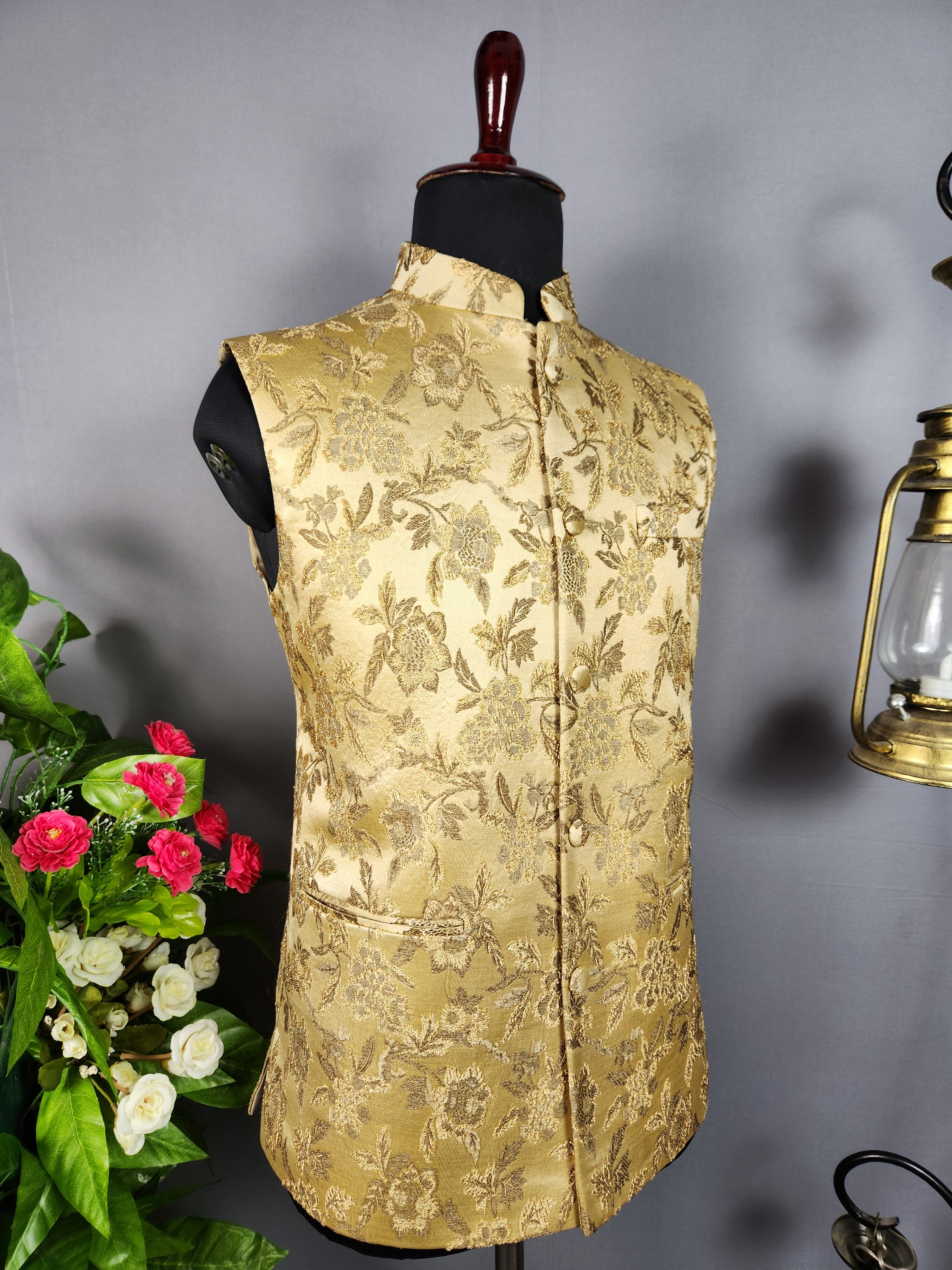 Golden nehru jacket for men - Indian ethnic waistcoat ideal for weddings, festive events, and traditional functions
