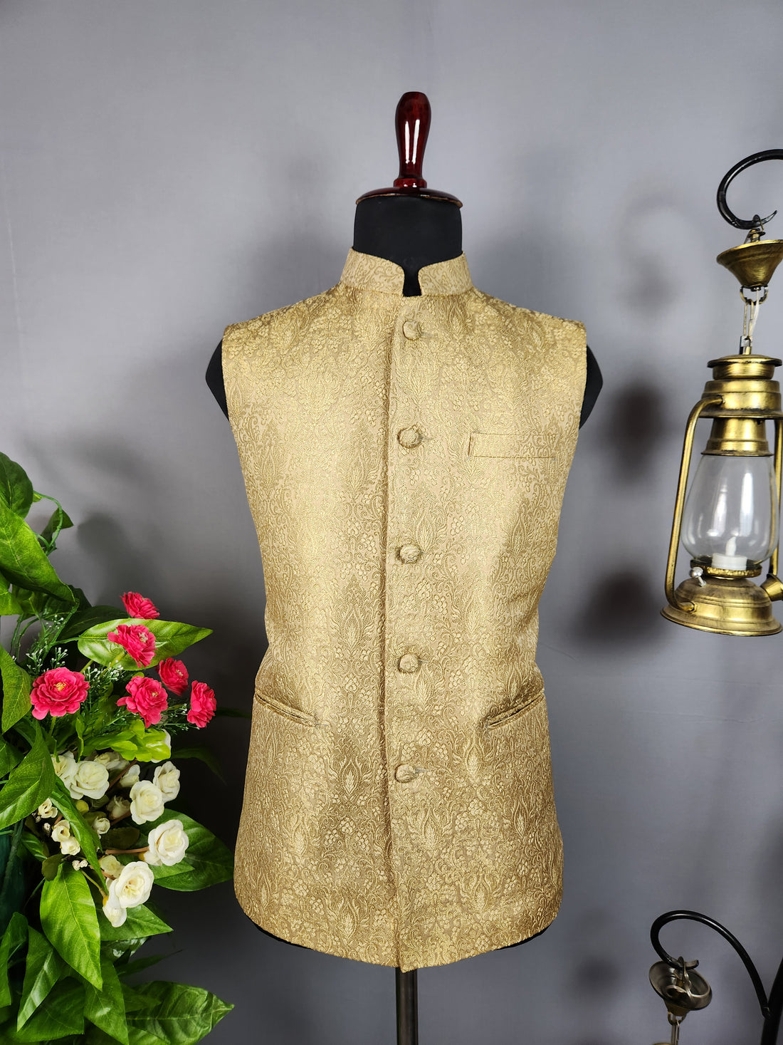 Golden nehru jacket for men - Indian ethnic waistcoat ideal for weddings, festive events, and traditional functions
