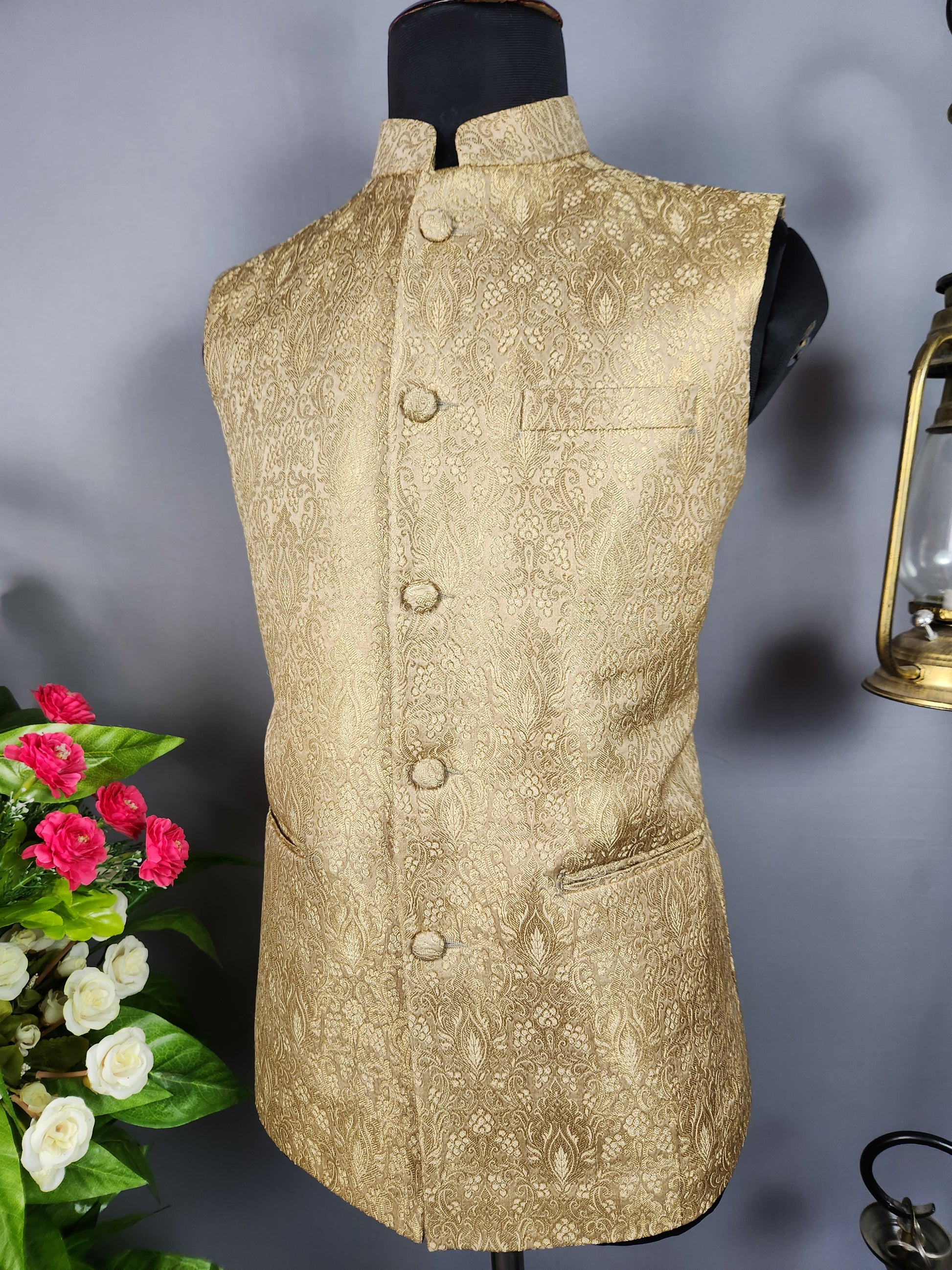 Golden nehru jacket for men - Indian ethnic waistcoat ideal for weddings, festive events, and traditional functions
