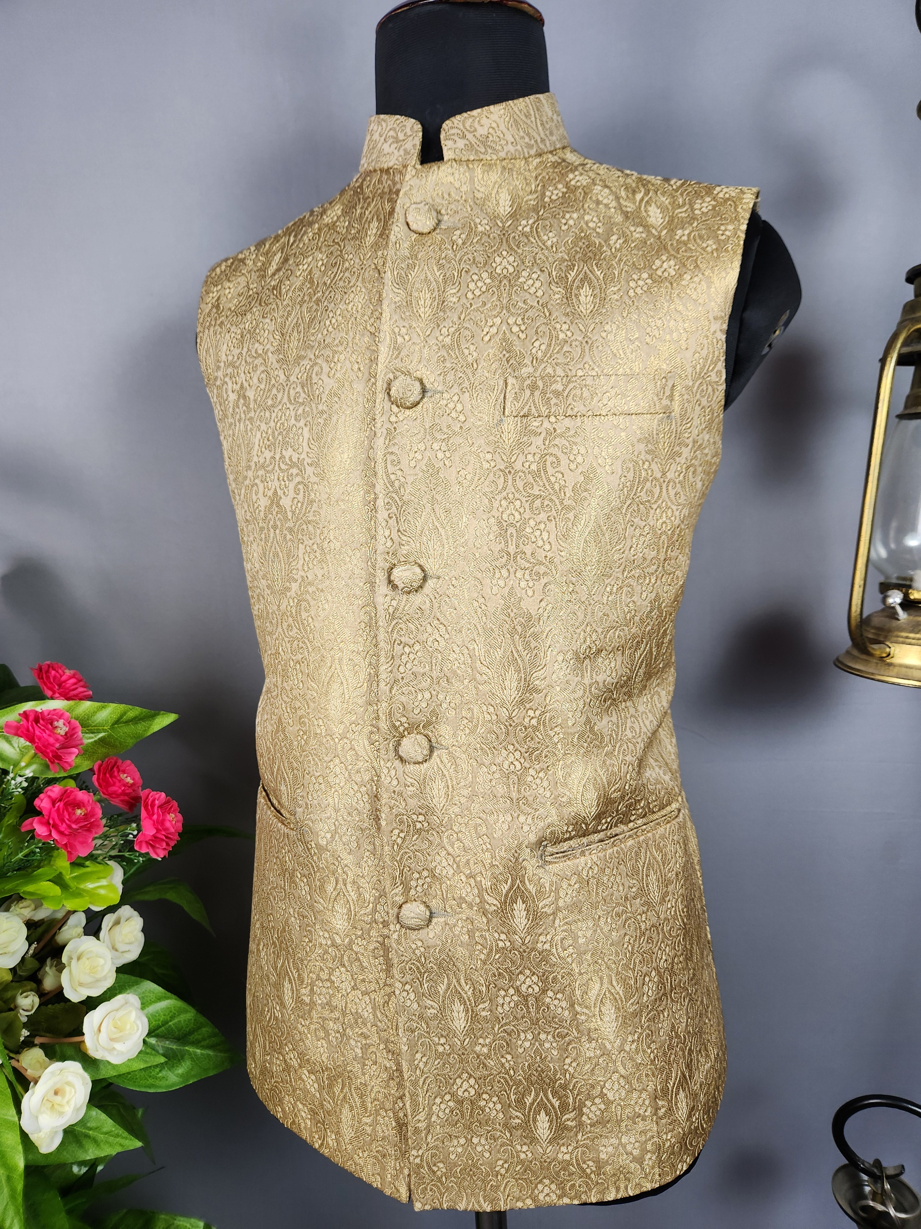 Golden nehru jacket for men - Indian ethnic waistcoat ideal for weddings, festive events, and traditional functions
