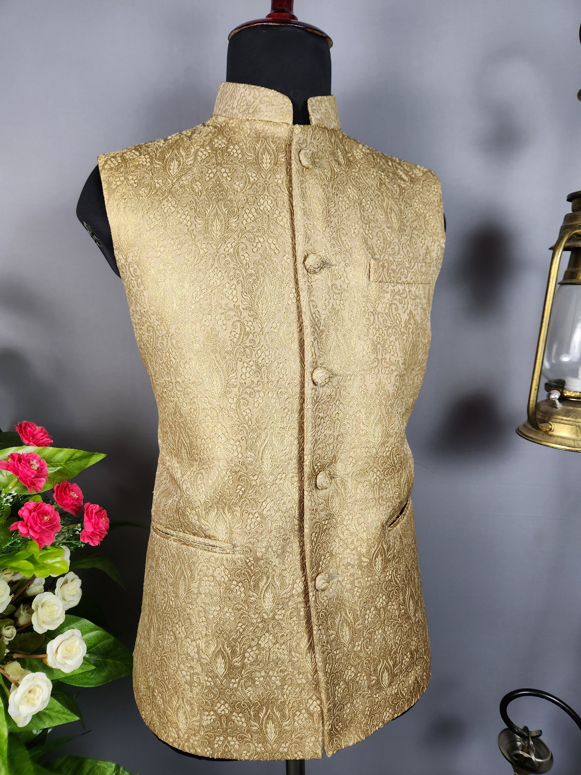 Golden nehru jacket for men - Indian ethnic waistcoat ideal for weddings, festive events, and traditional functions

