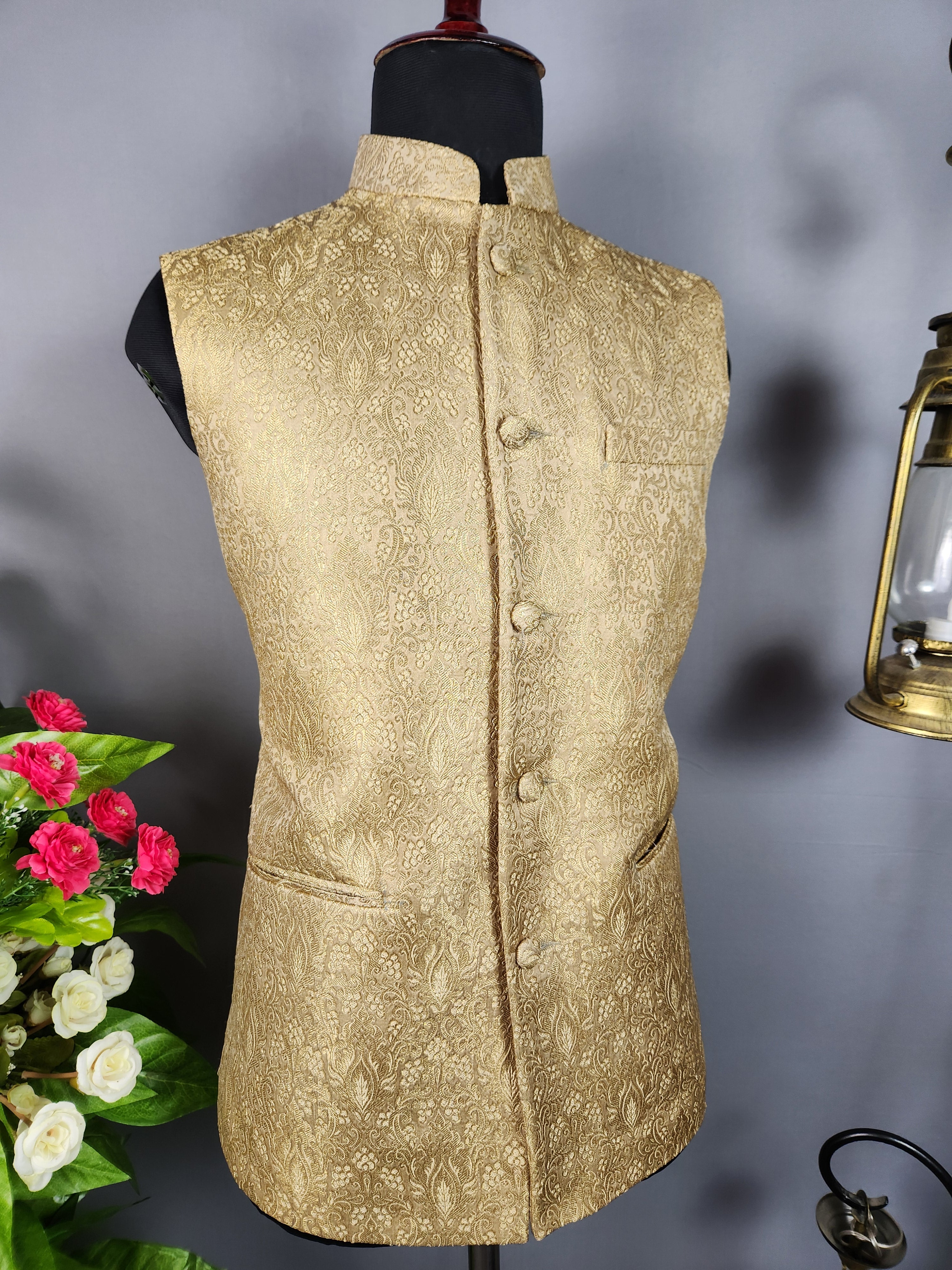 Golden nehru jacket for men - Indian ethnic waistcoat ideal for weddings, festive events, and traditional functions
