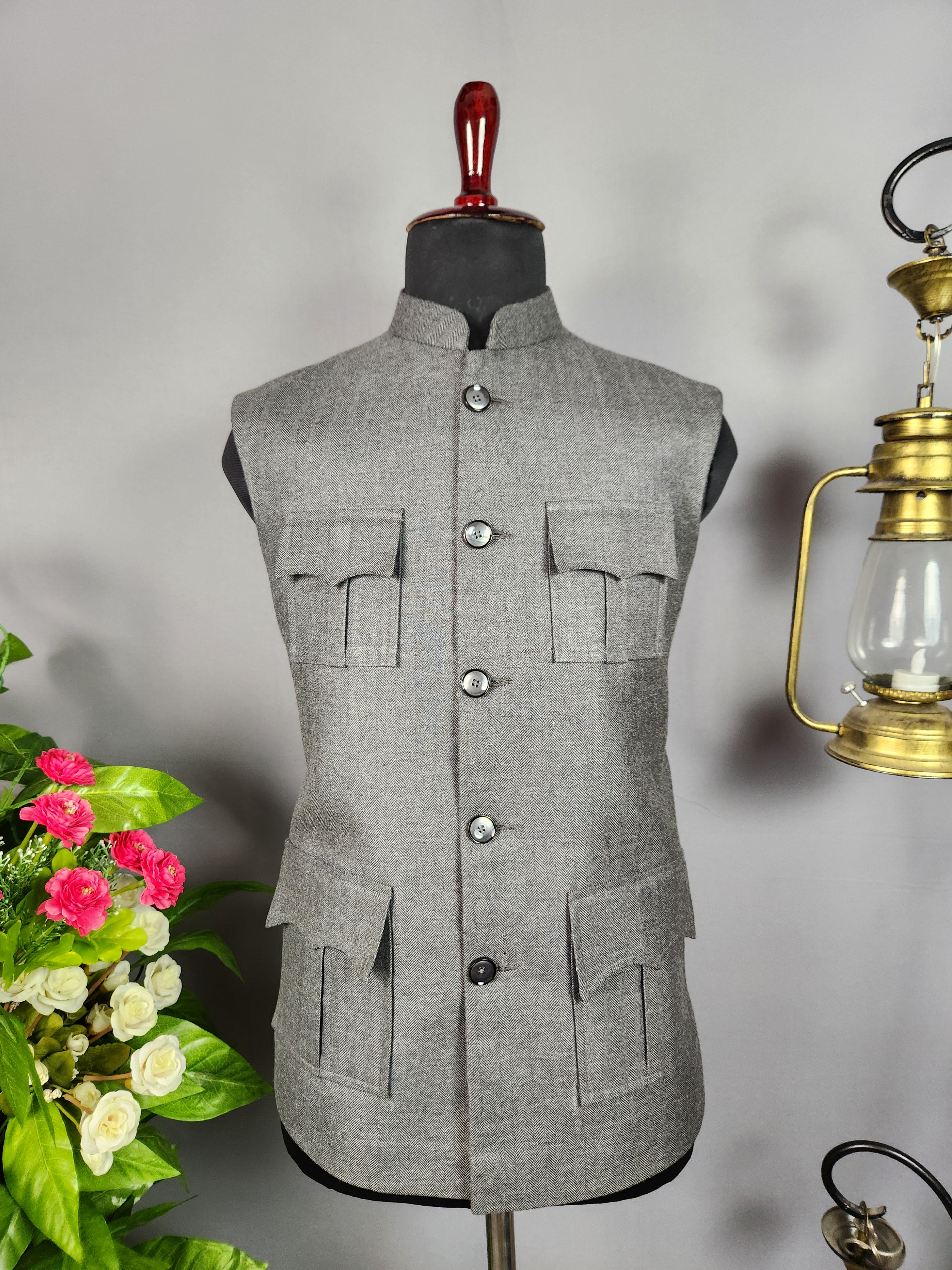 Gray Tweed Nehru Jacket for Men | Indian Ethnic Waistcoat for Weddings & Celebrations