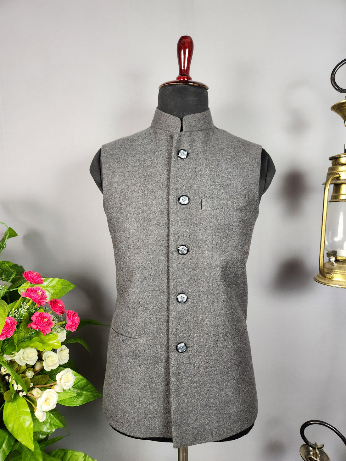 Gray tweed nehru jacket for men - Indian ethnic waistcoat ideal for weddings, festive events, and traditional functions
