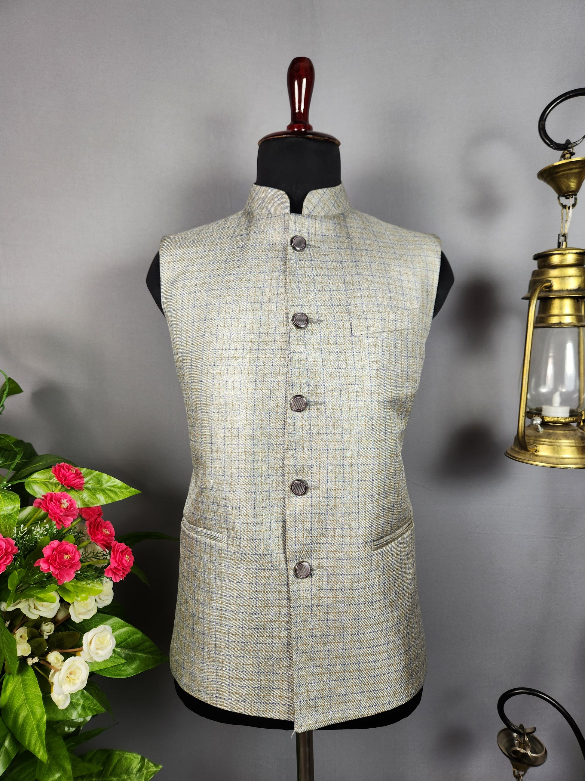 Grayish Beige tweed nehru jacket for men - Indian ethnic waistcoat ideal for weddings, festive events, and traditional functions
