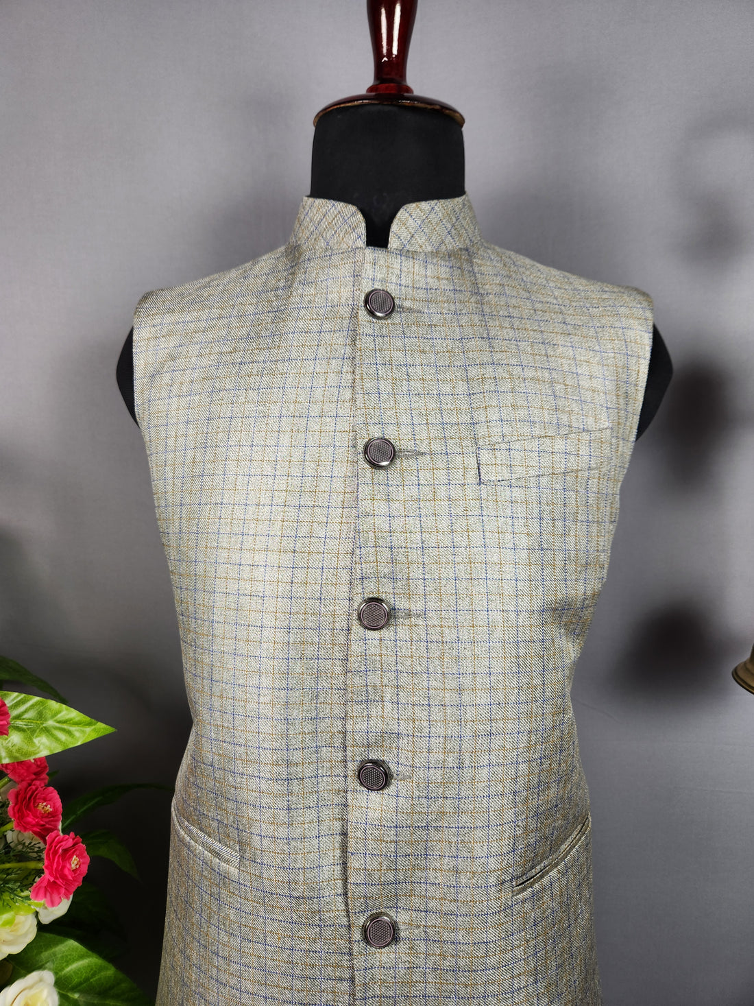 Grayish Beige tweed nehru jacket for men - Indian ethnic waistcoat ideal for weddings, festive events, and traditional functions
