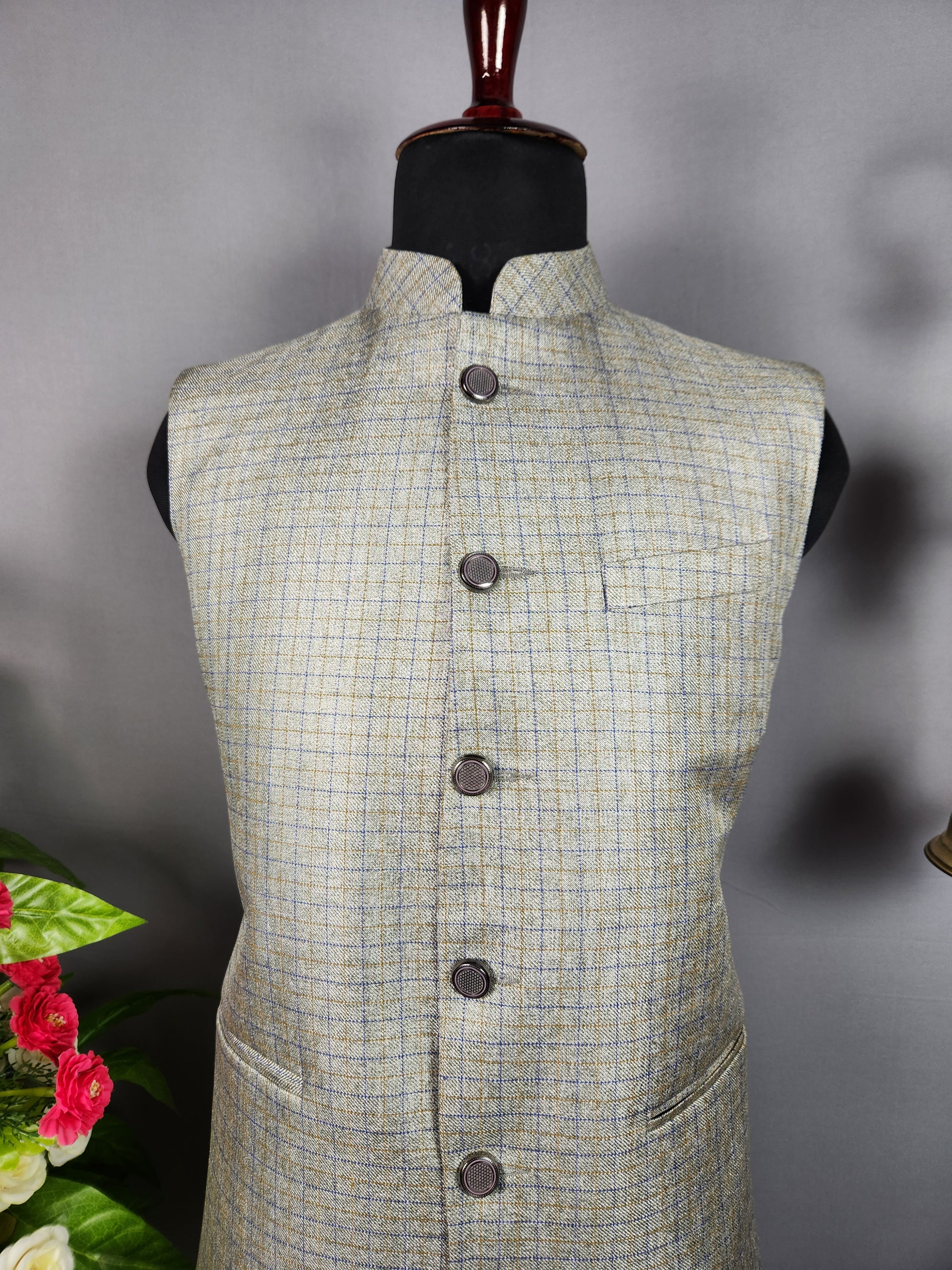 Grayish Beige tweed nehru jacket for men - Indian ethnic waistcoat ideal for weddings, festive events, and traditional functions
