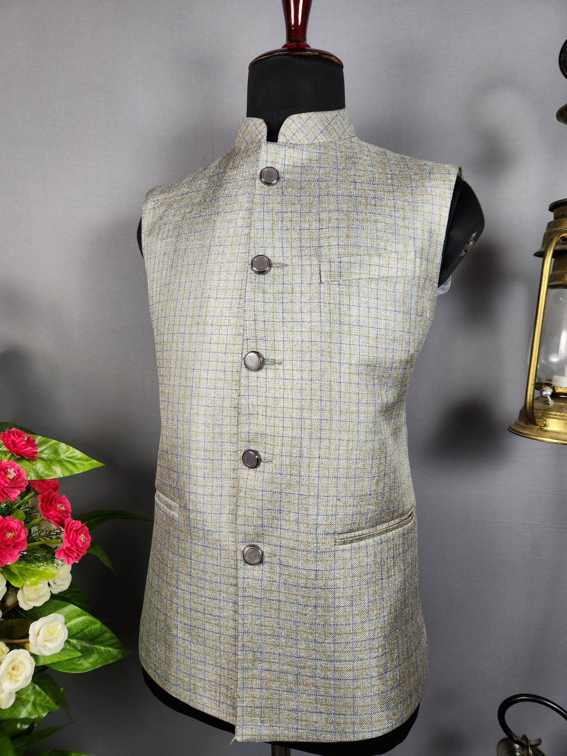 Grayish Beige tweed nehru jacket for men - Indian ethnic waistcoat ideal for weddings, festive events, and traditional functions
