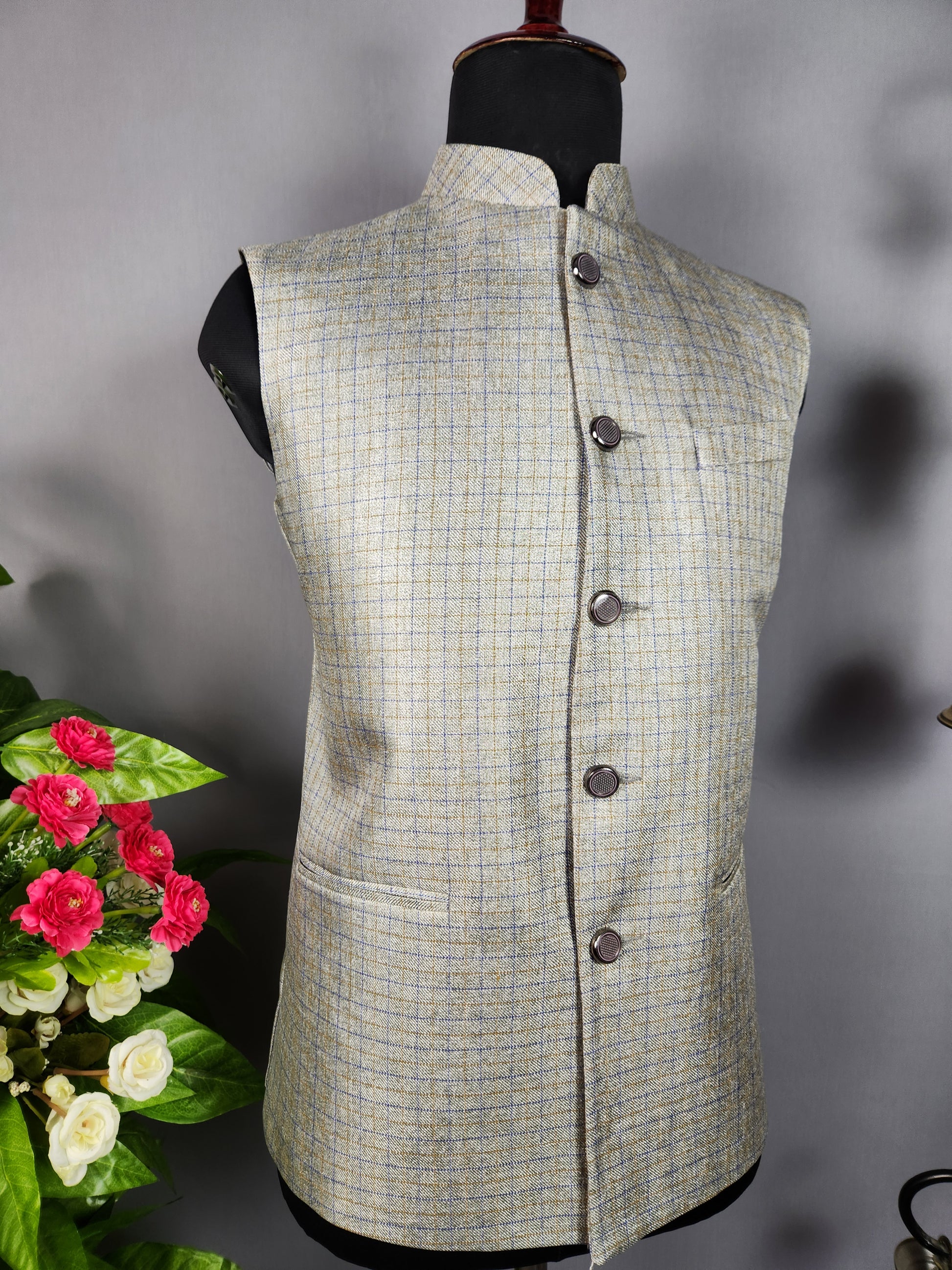 Grayish Beige tweed nehru jacket for men - Indian ethnic waistcoat ideal for weddings, festive events, and traditional functions
