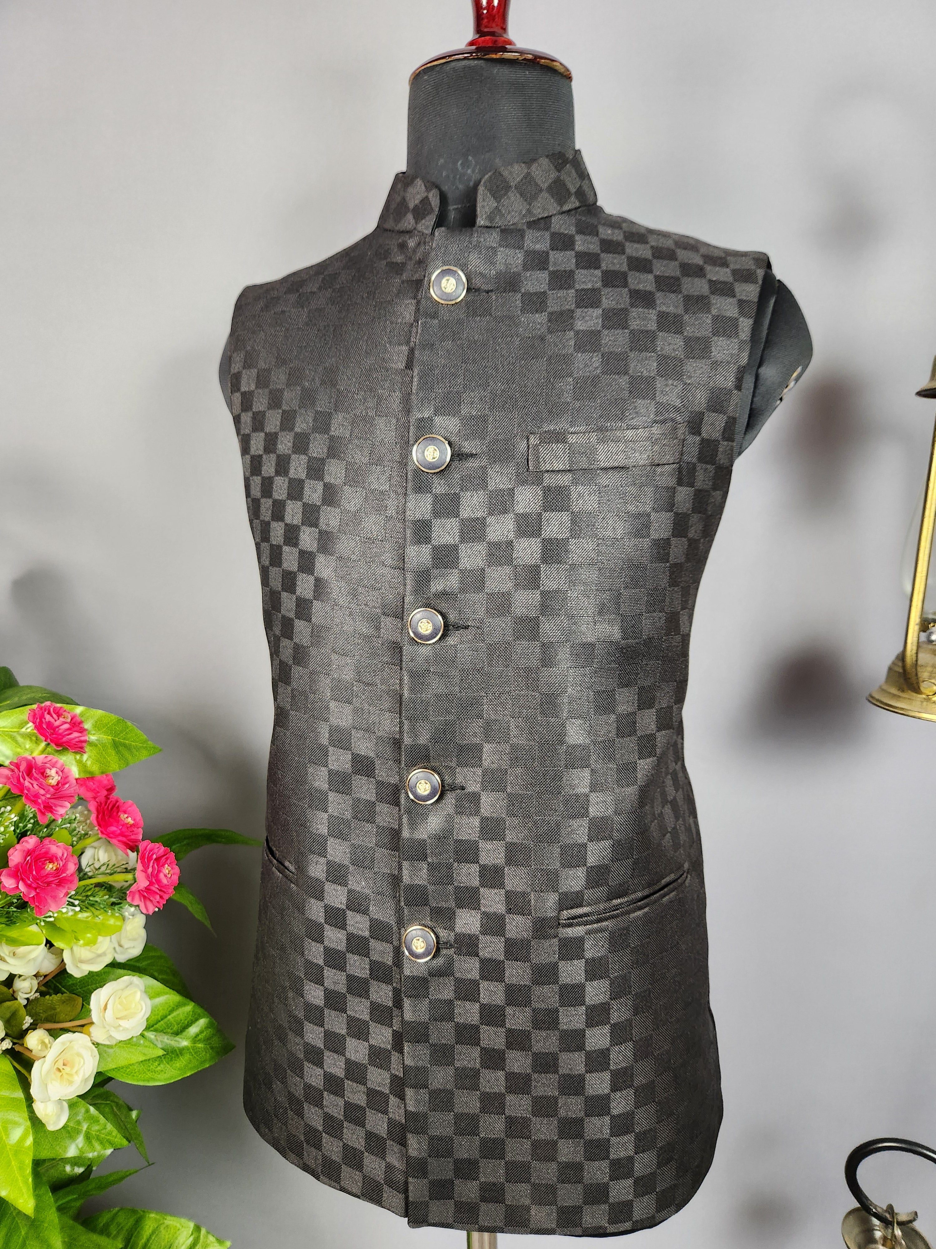 Black nehru jacket for men - Indian ethnic waistcoat ideal for weddings, festive events, and traditional functions
