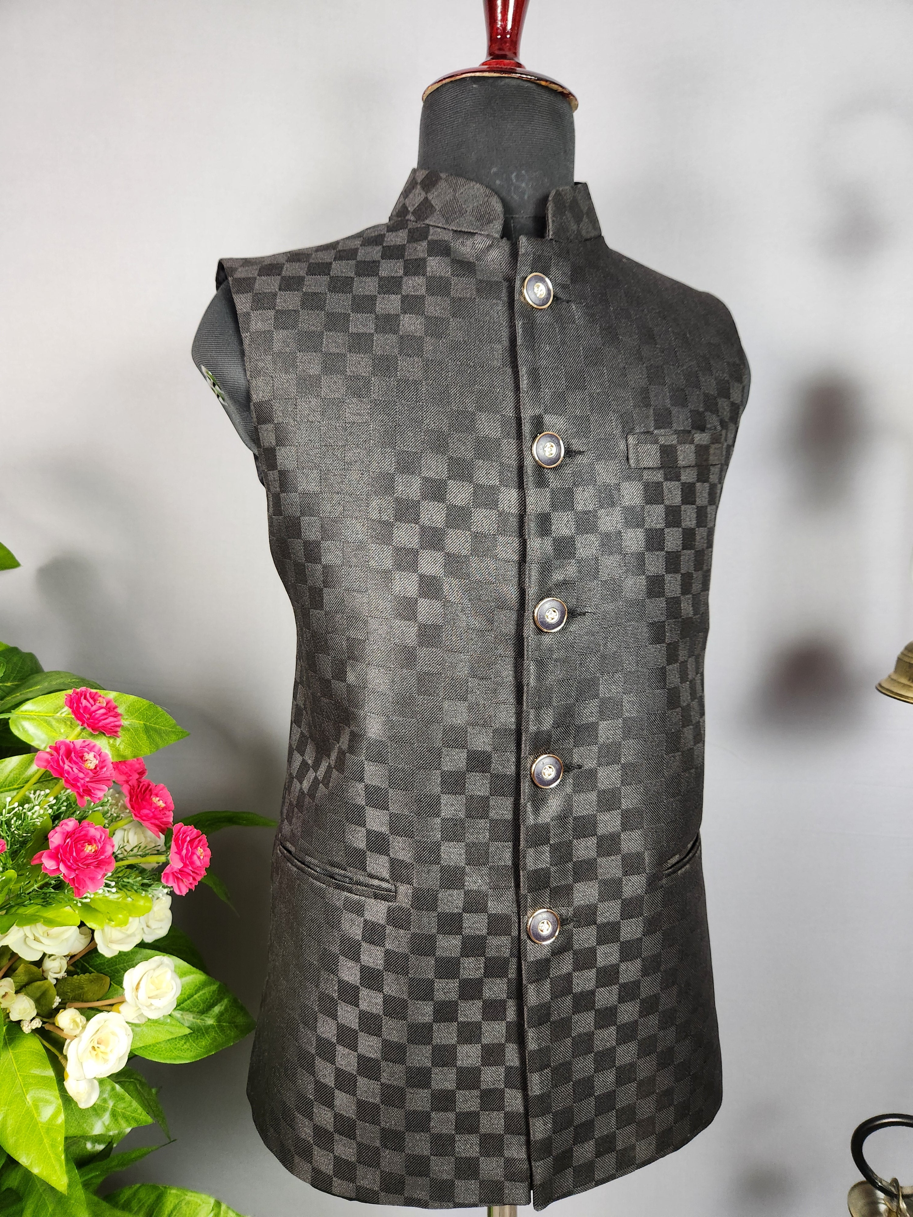 Black nehru jacket for men - Indian ethnic waistcoat ideal for weddings, festive events, and traditional functions
