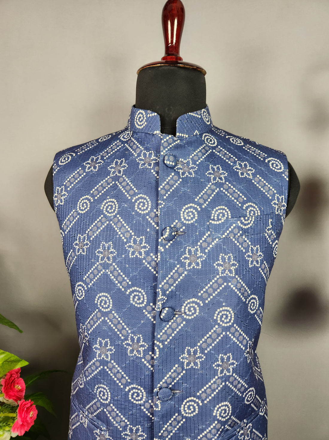 blue printed nehru jacket for men - Indian ethnic waistcoat ideal for weddings, festive events, and traditional functions
