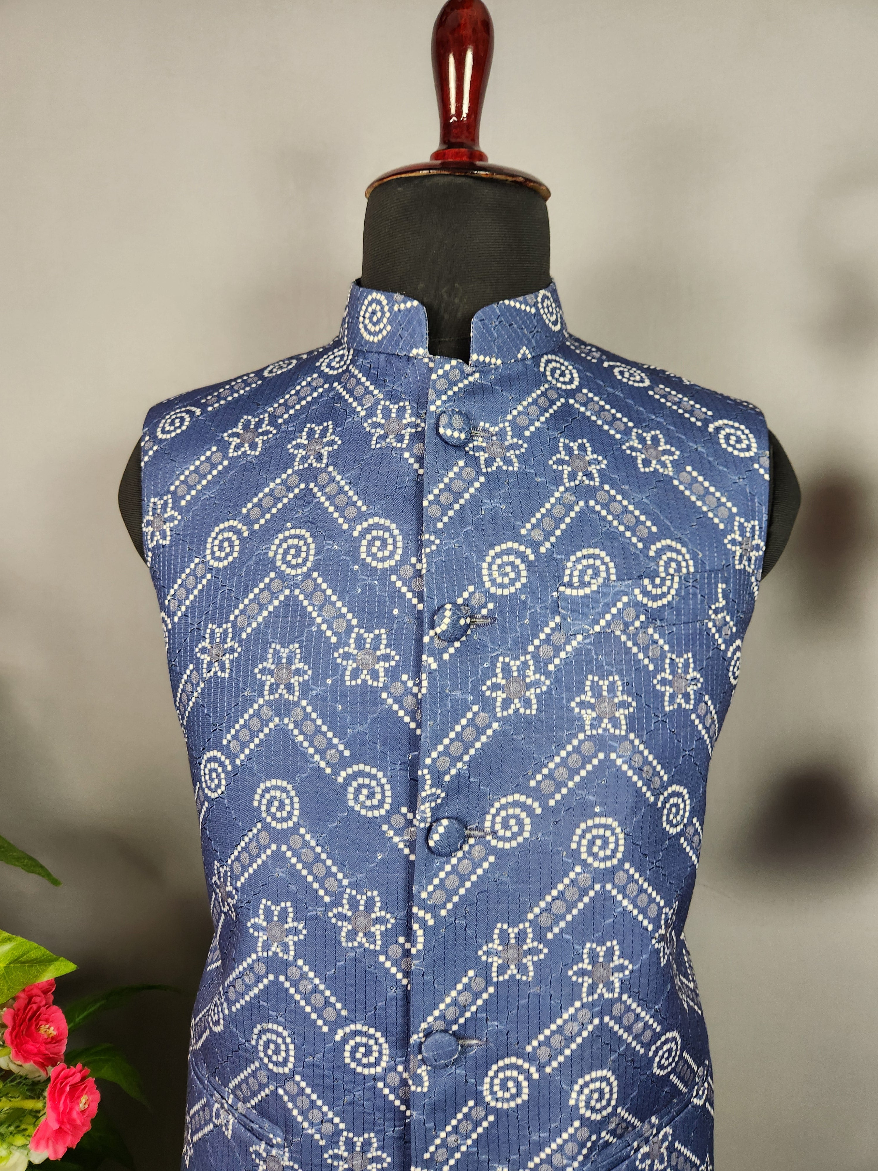 blue printed nehru jacket for men - Indian ethnic waistcoat ideal for weddings, festive events, and traditional functions
