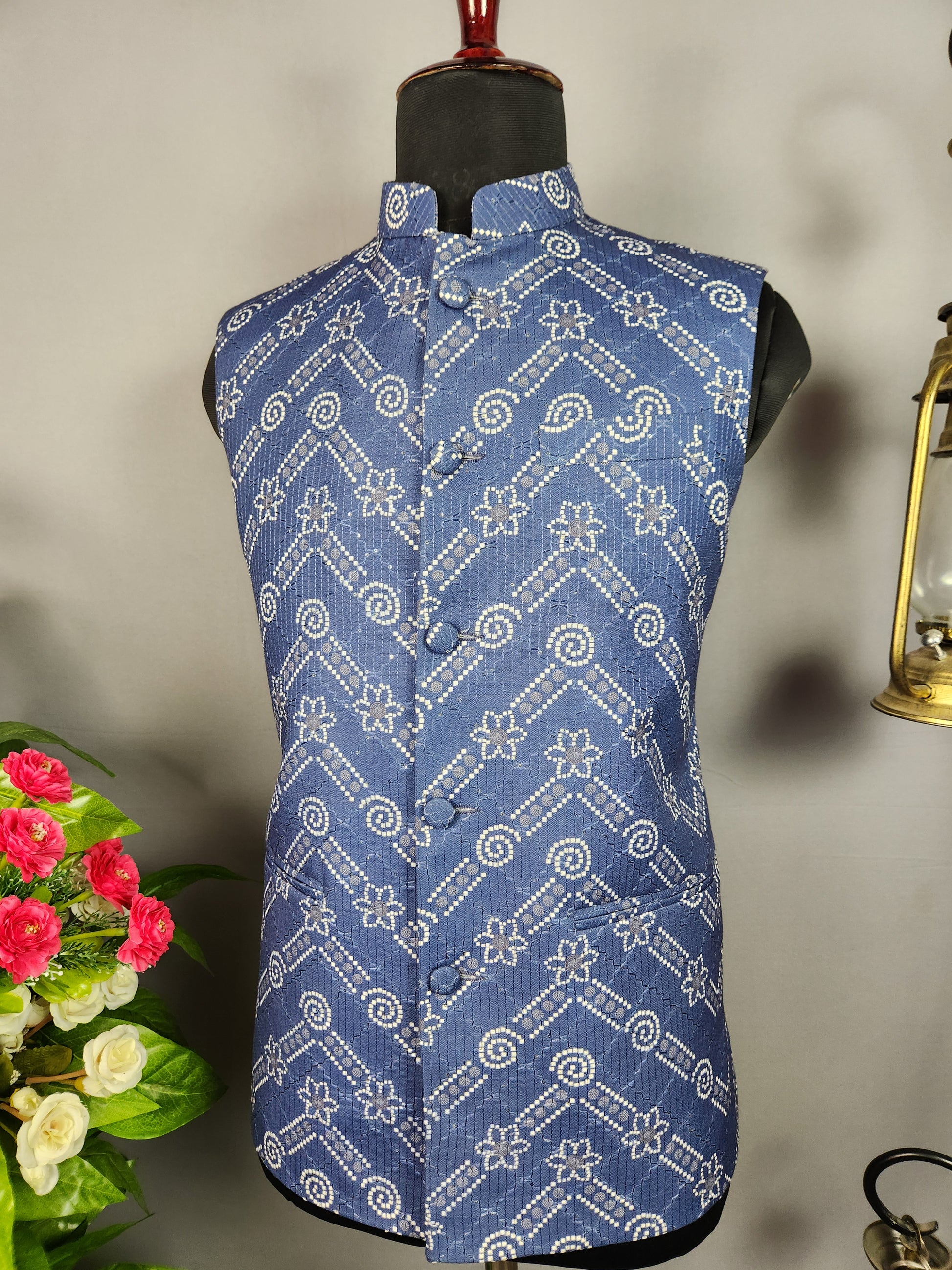 blue printed nehru jacket for men - Indian ethnic waistcoat ideal for weddings, festive events, and traditional functions
