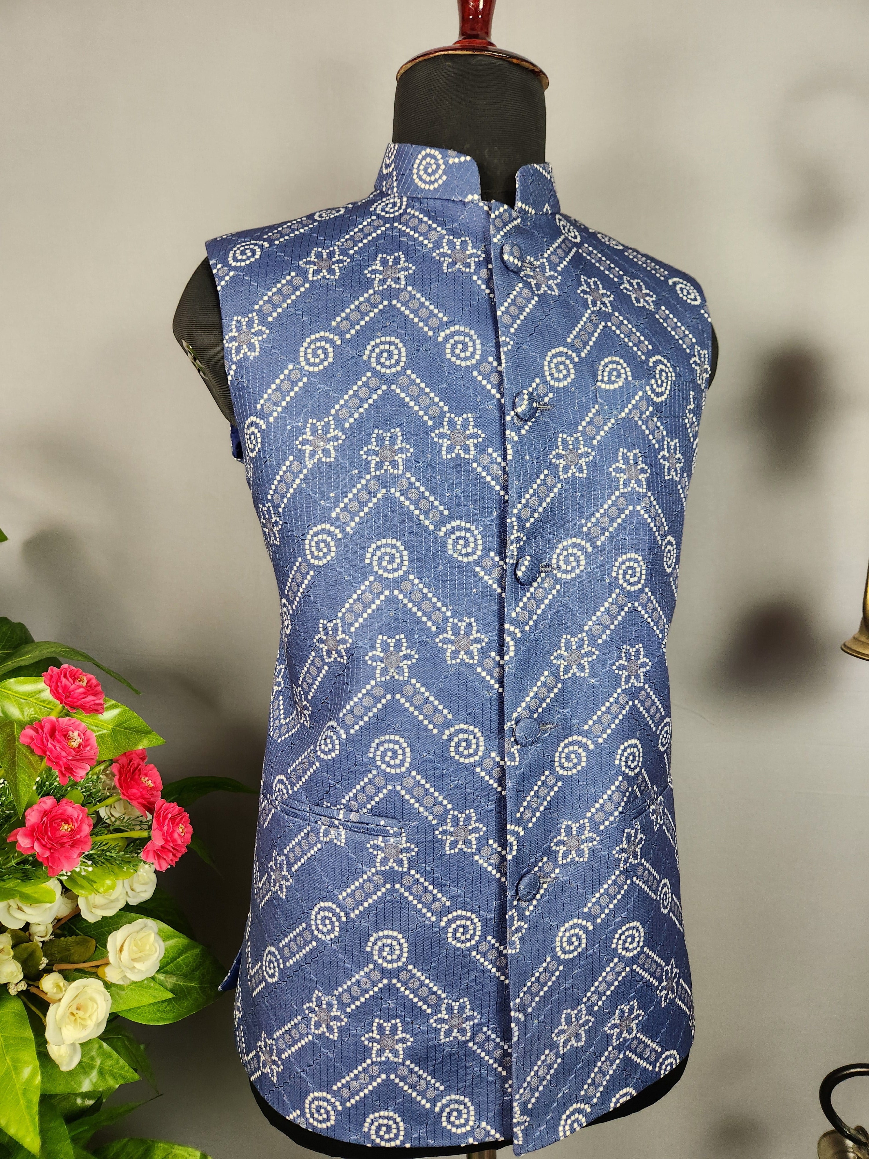 blue printed nehru jacket for men - Indian ethnic waistcoat ideal for weddings, festive events, and traditional functions
