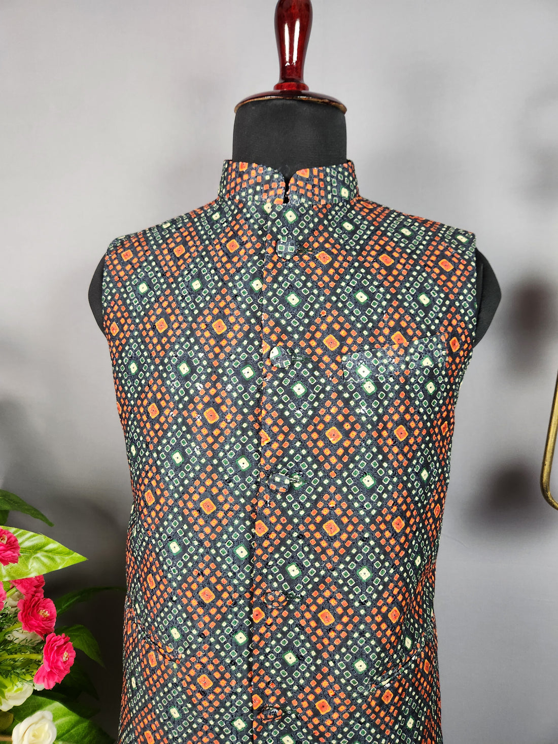 Black printed nehru jacket for men - Indian ethnic waistcoat ideal for weddings, festive events, and traditional functions
