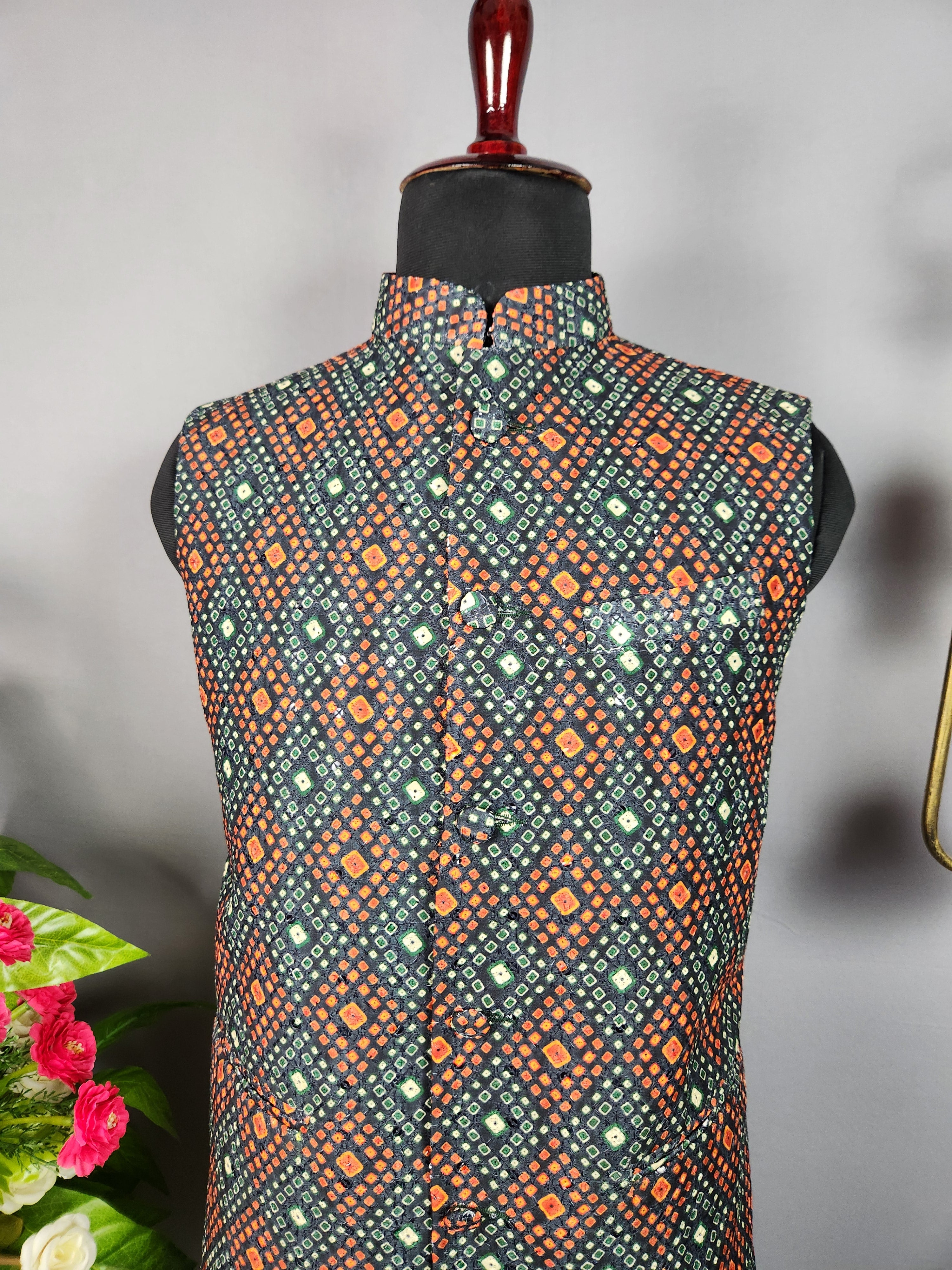 Black printed nehru jacket for men - Indian ethnic waistcoat ideal for weddings, festive events, and traditional functions
