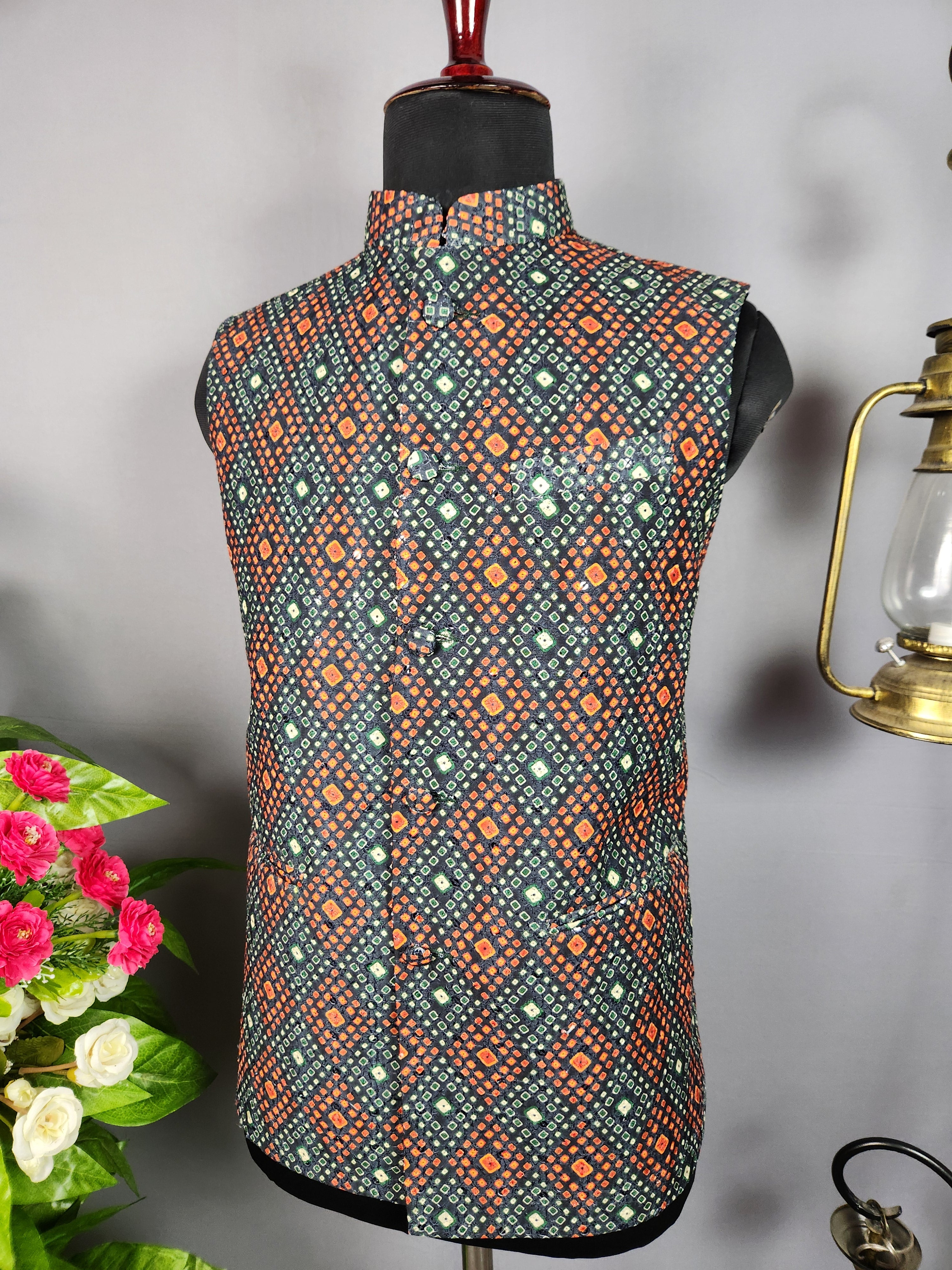 Black printed nehru jacket for men - Indian ethnic waistcoat ideal for weddings, festive events, and traditional functions

