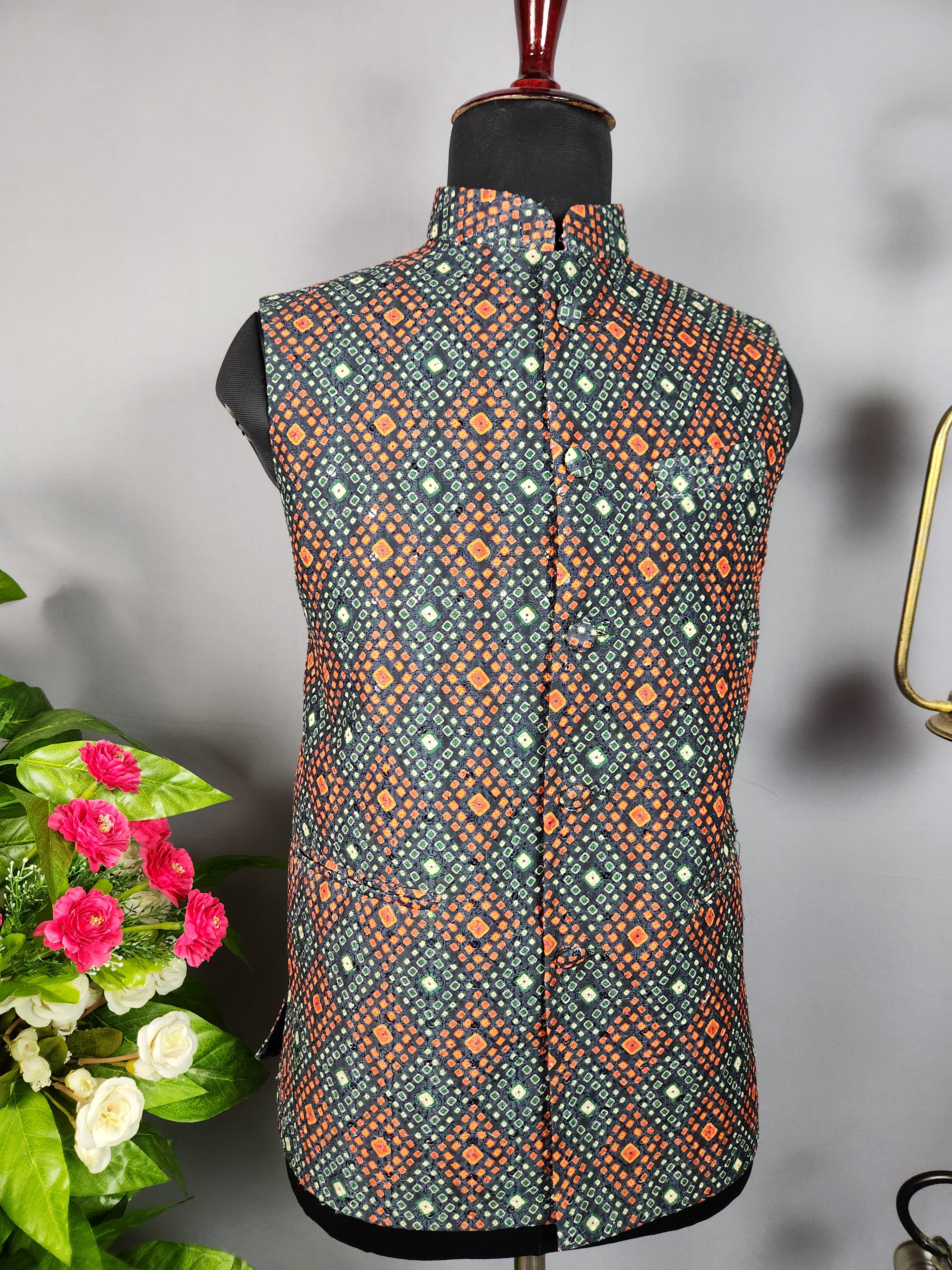 Black printed nehru jacket for men - Indian ethnic waistcoat ideal for weddings, festive events, and traditional functions
