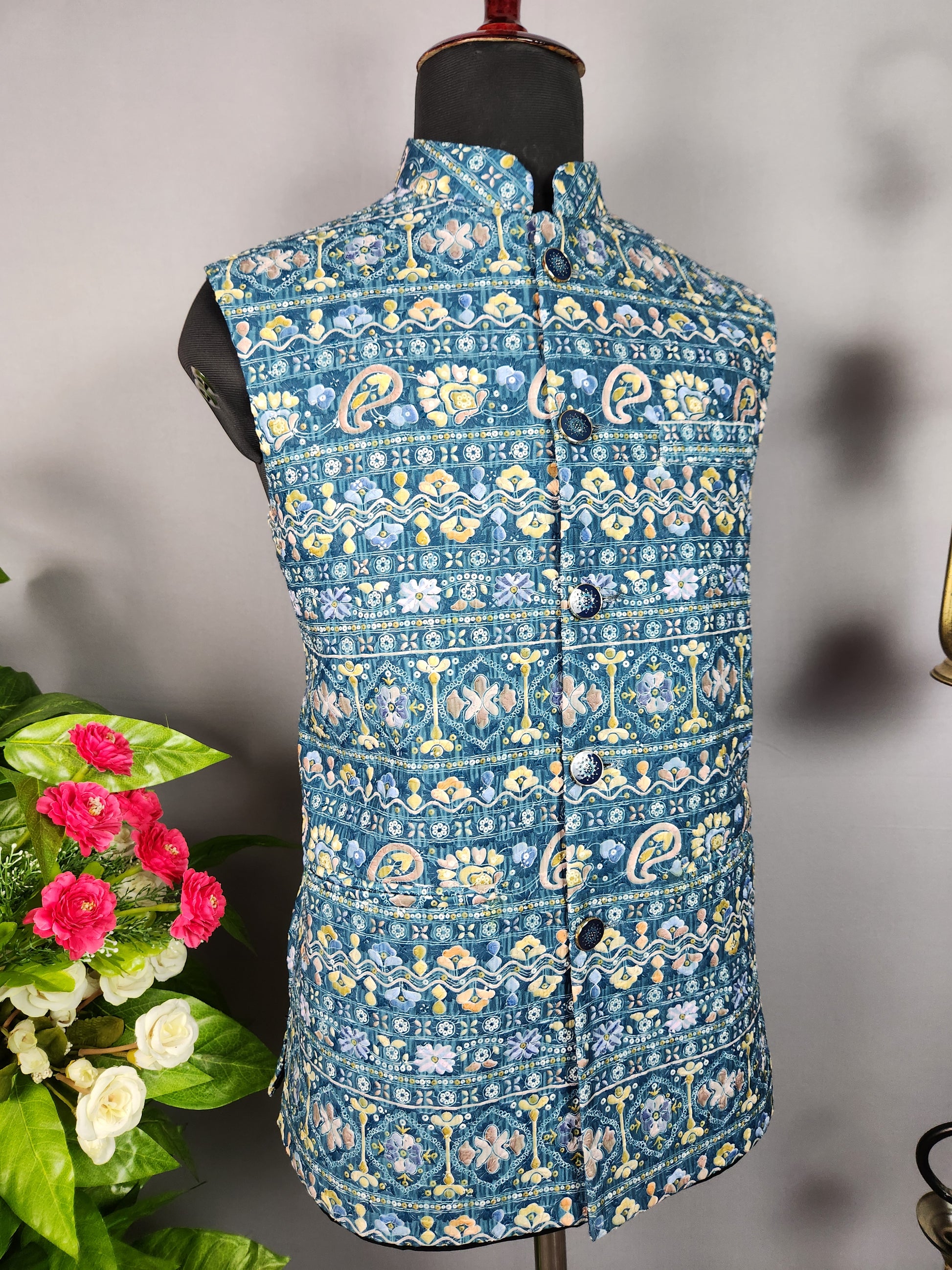 blue printed nehru jacket for men - Indian ethnic waistcoat ideal for weddings, festive events, and traditional functions
