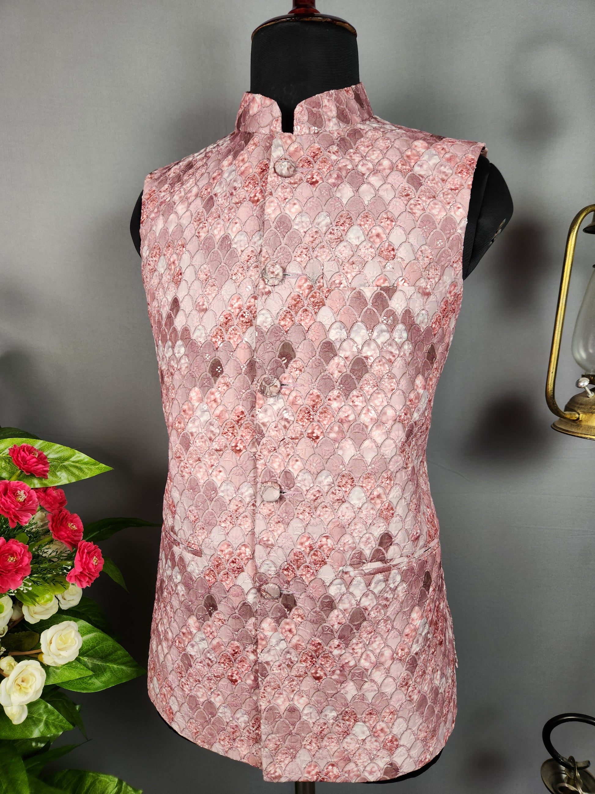 Beautiful Pink nehru jacket for men - Indian ethnic waistcoat ideal for weddings, festive events, and traditional functions

