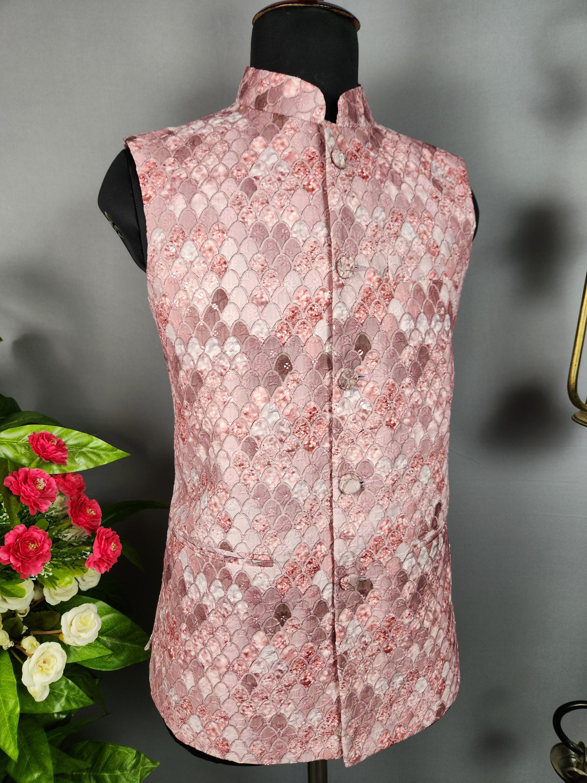 Beautiful Pink nehru jacket for men - Indian ethnic waistcoat ideal for weddings, festive events, and traditional functions
