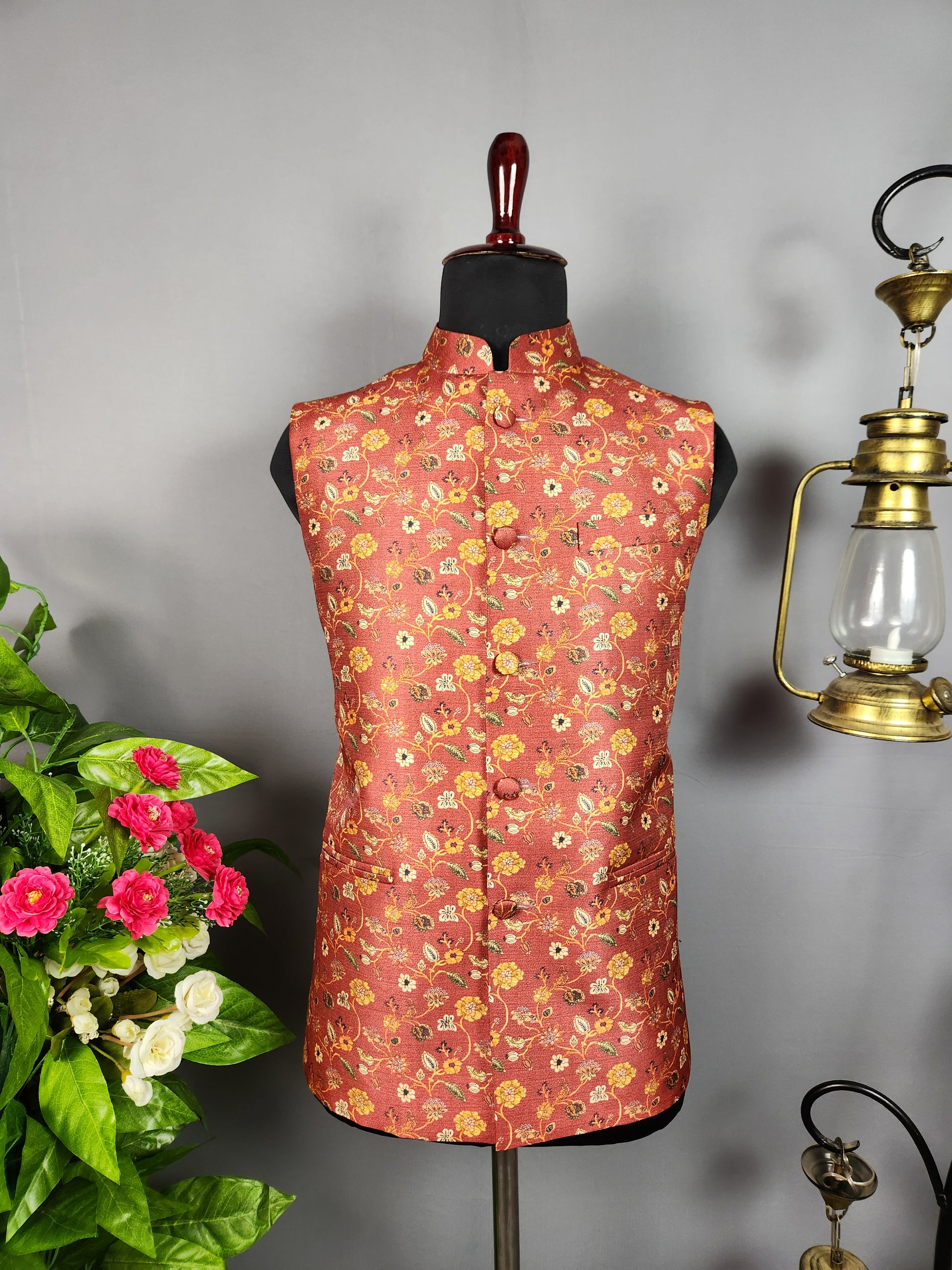Red nehru jacket for men - Indian ethnic waistcoat ideal for weddings, festive events, and traditional functions
