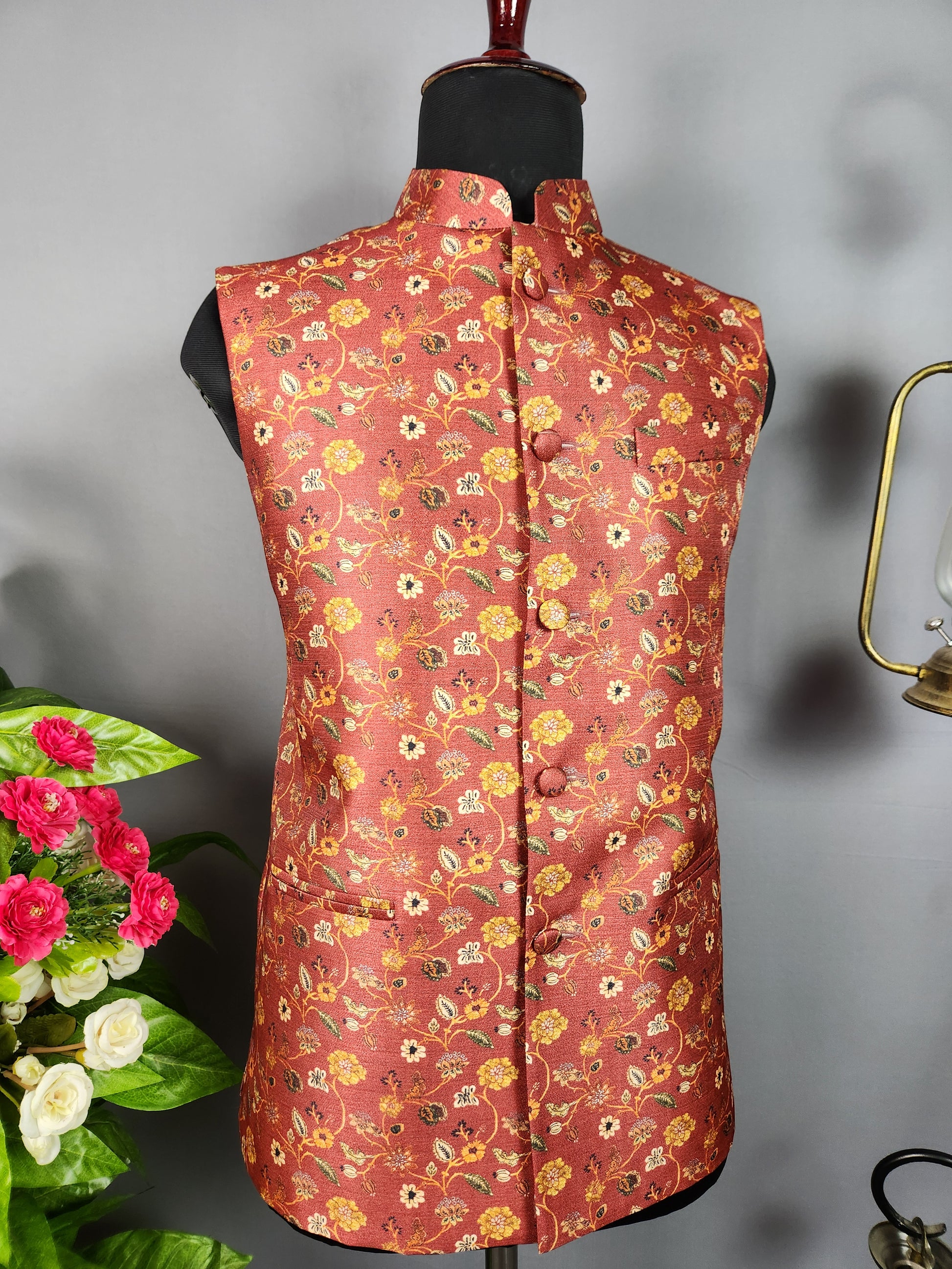 Red nehru jacket for men - Indian ethnic waistcoat ideal for weddings, festive events, and traditional functions
